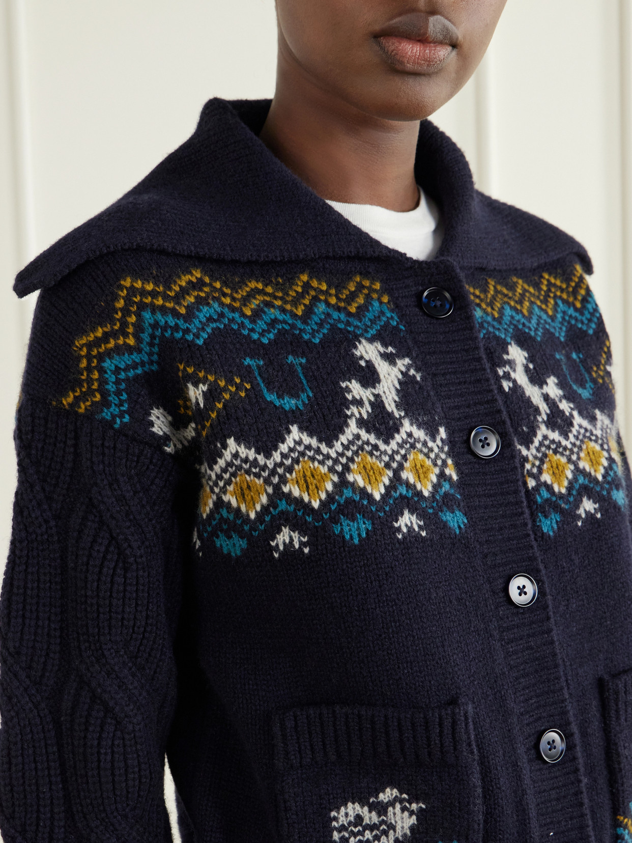 Alemais Patsy Intarsia-knit Merino Wool Cardigan In Blue