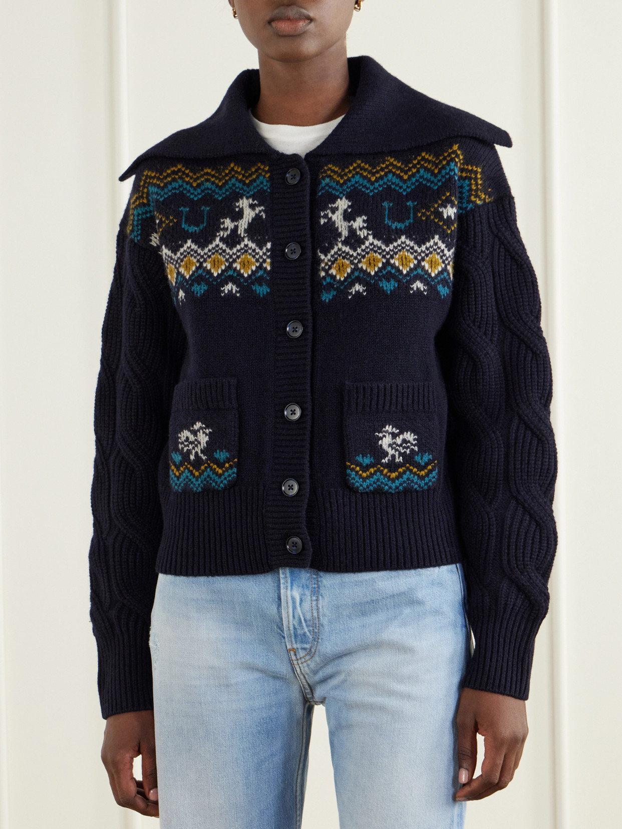 Alemais Patsy Intarsia-knit Merino Wool Cardigan In Blue