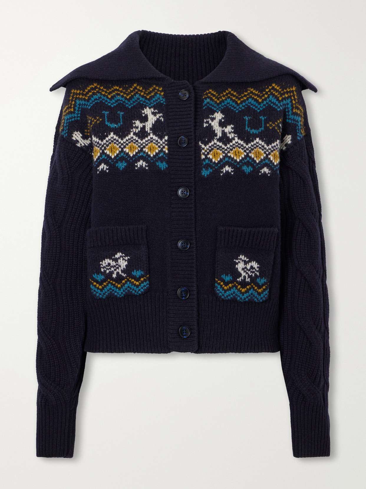 Alemais Patsy Intarsia-knit Merino Wool Cardigan In Blue