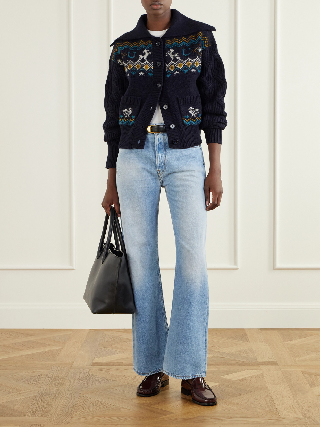 Alemais Patsy Intarsia-knit Merino Wool Cardigan In Blue