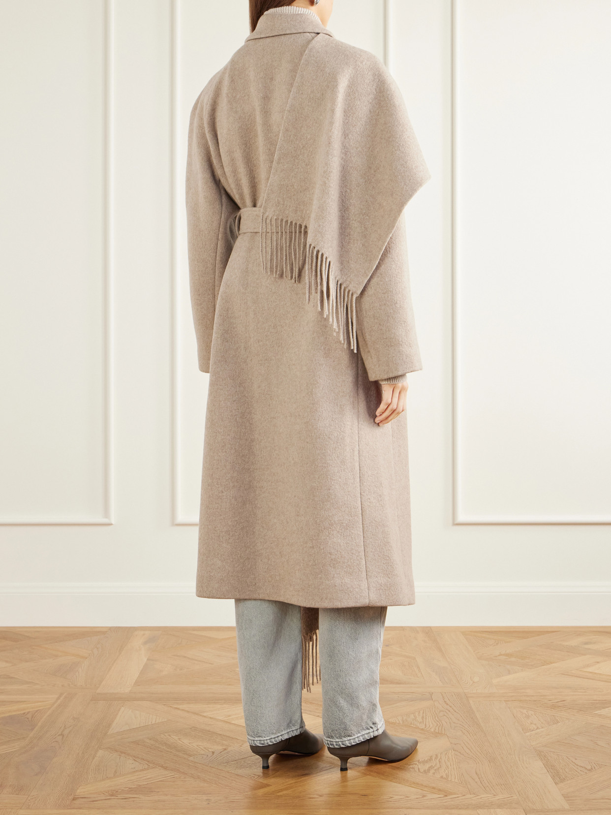 Canyon Belted Scarf-Detailed Fringed Wool-Blend Coat