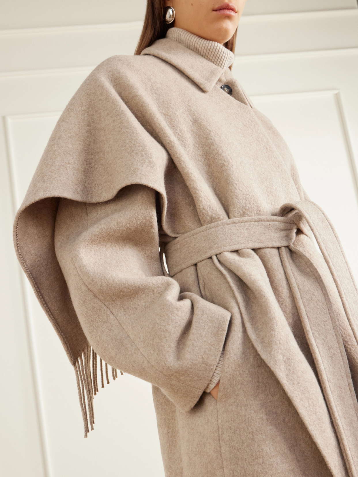 Canyon Belted Scarf-Detailed Fringed Wool-Blend Coat