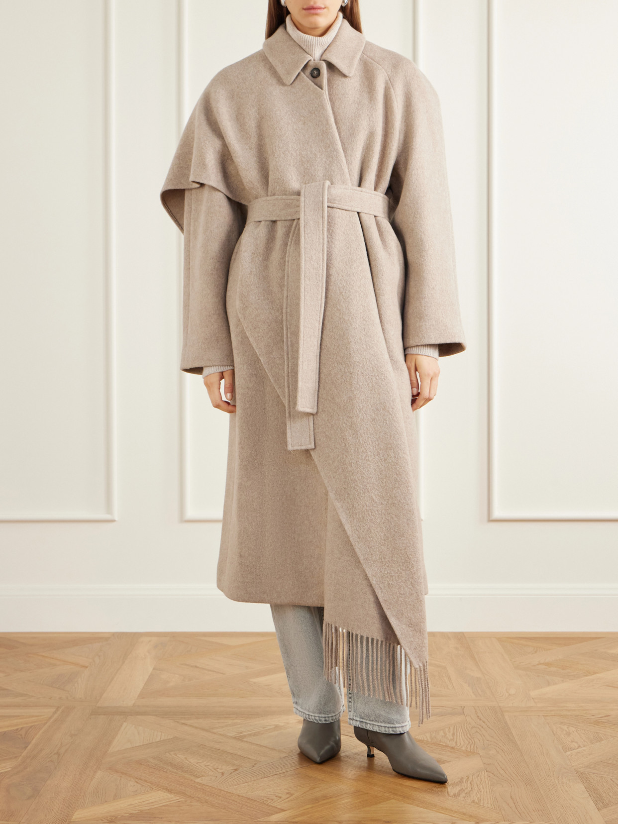 Canyon Belted Scarf-Detailed Fringed Wool-Blend Coat