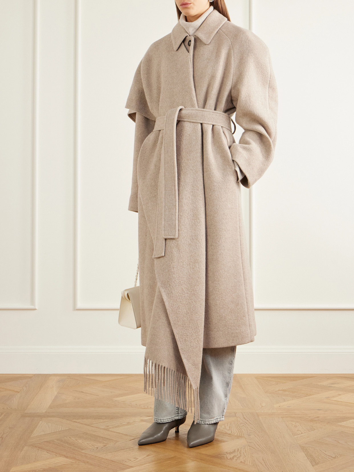 Canyon Belted Scarf-Detailed Fringed Wool-Blend Coat