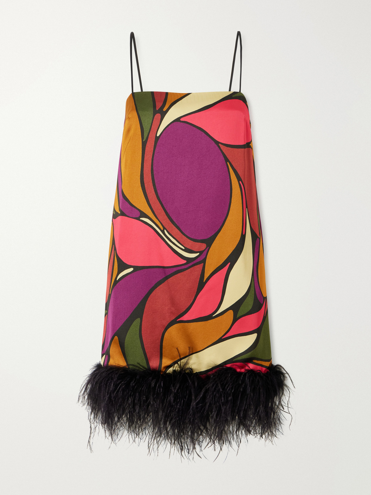Cala De La Cruz Feather-embellished Printed Satin Mini Dress In Multi
