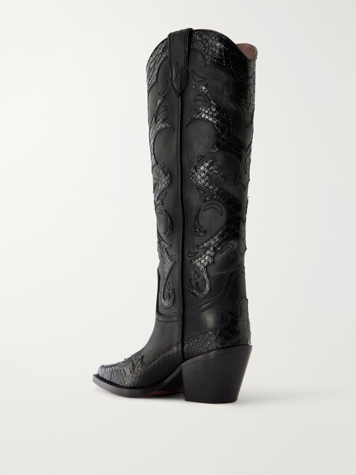 Tucson 60 Embroidered Snake-Effect Trimmed Leather Knee Boots