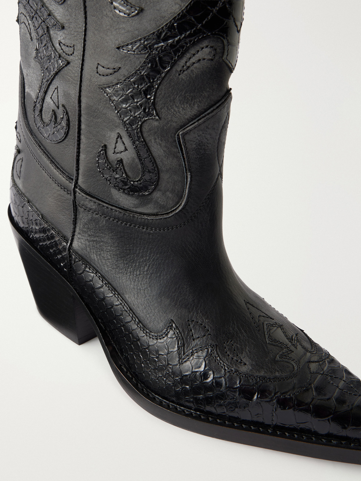 Tucson 60 Embroidered Snake-Effect Trimmed Leather Knee Boots