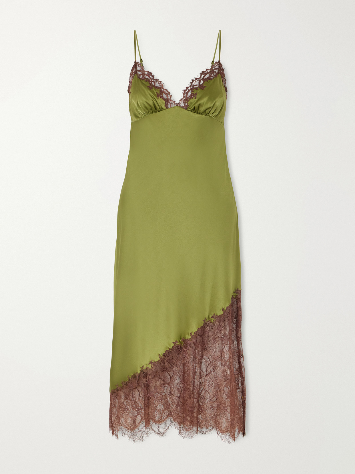 Staud Lara Lace-trimmed Silk-blend Midi Dress In Green
