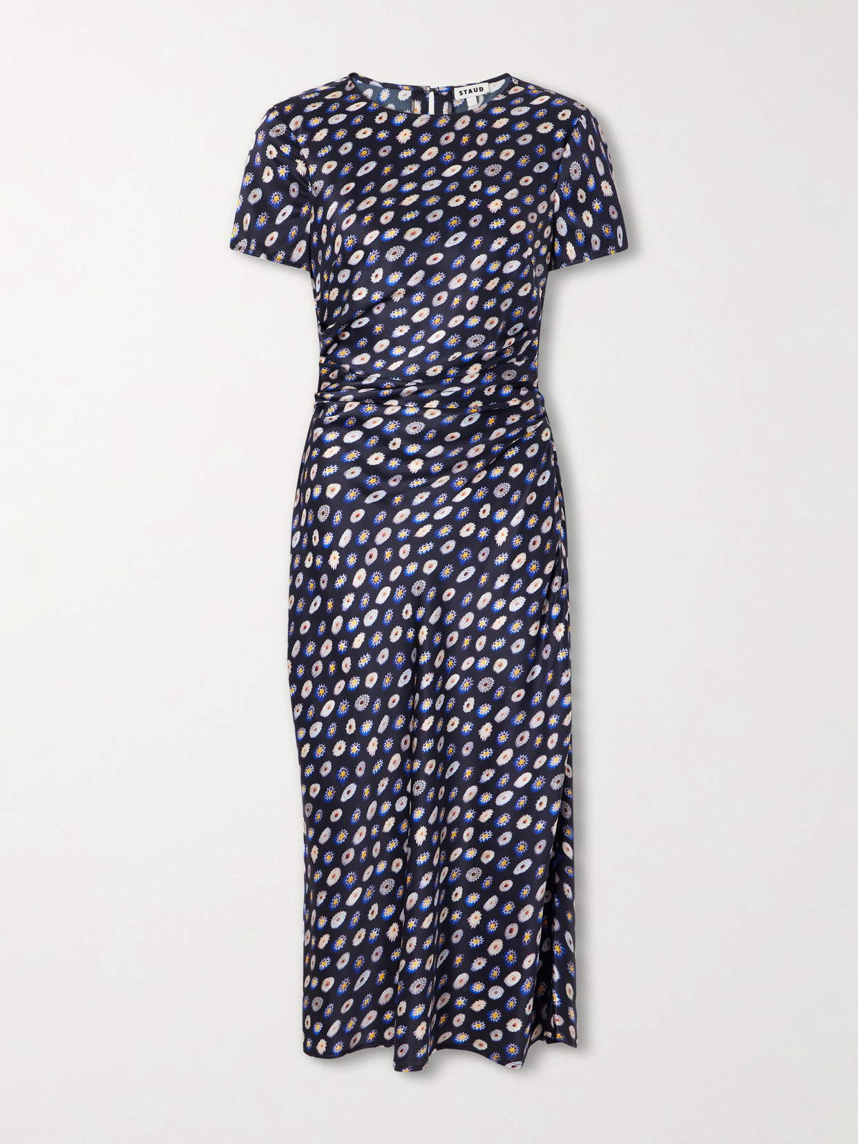 Staud Marcel Printed Ruched Silk-blend Satin Midi Dress In Blue