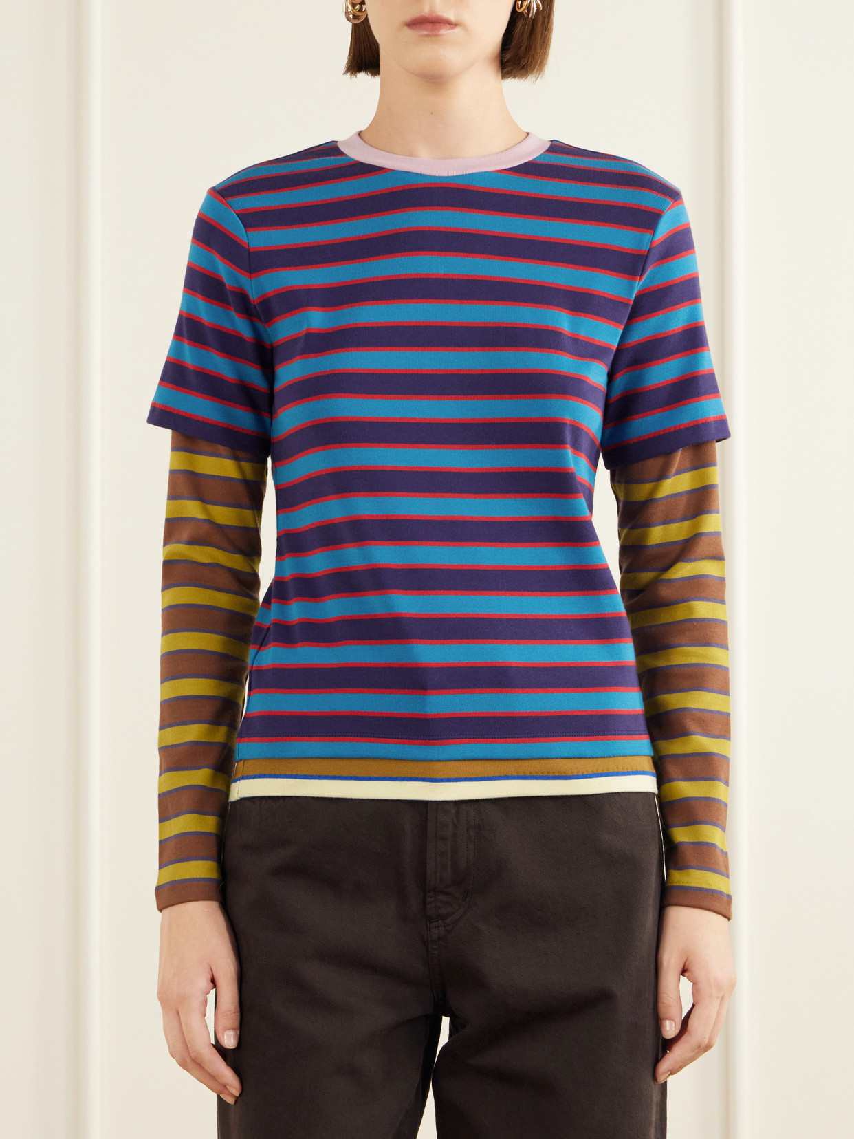 Staud Dillon Layered Striped Stretch Cotton-jersey T-shirt In Multi