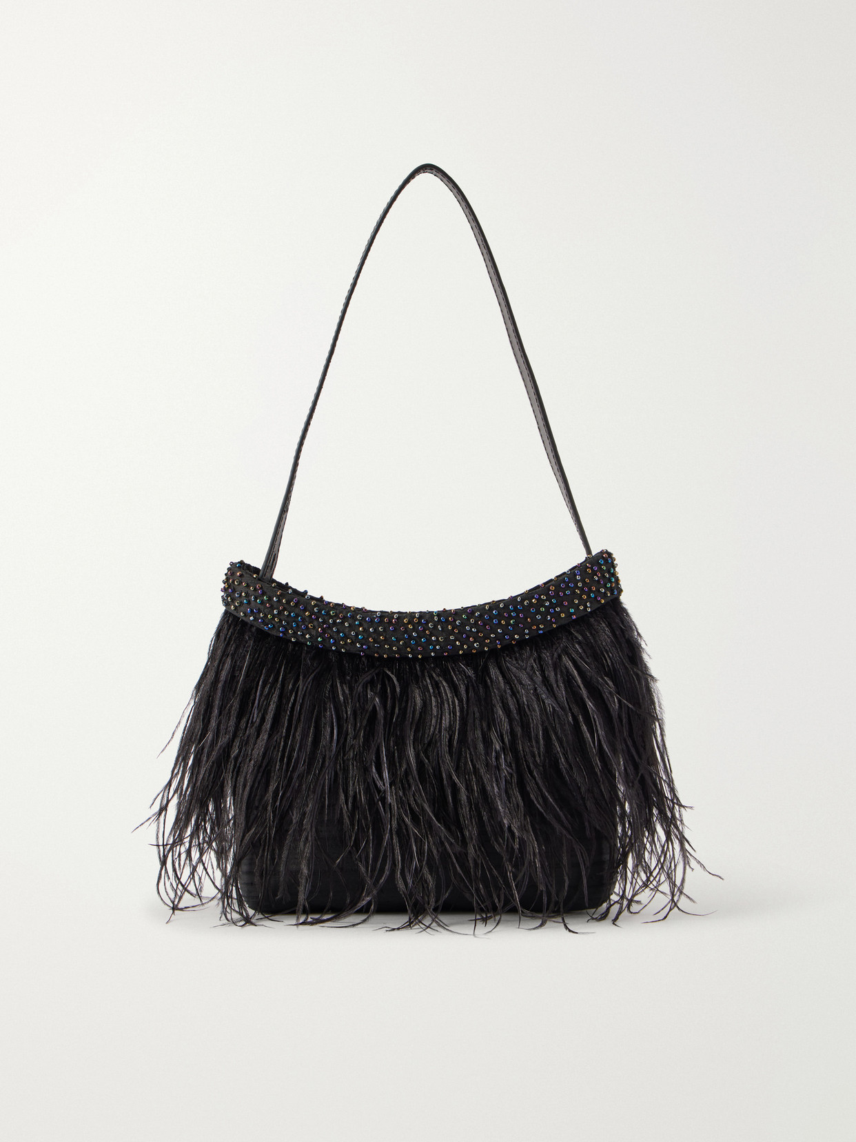 Staud Winslow Bead And Feather-embellished Silk Shoulder Bag In Black
