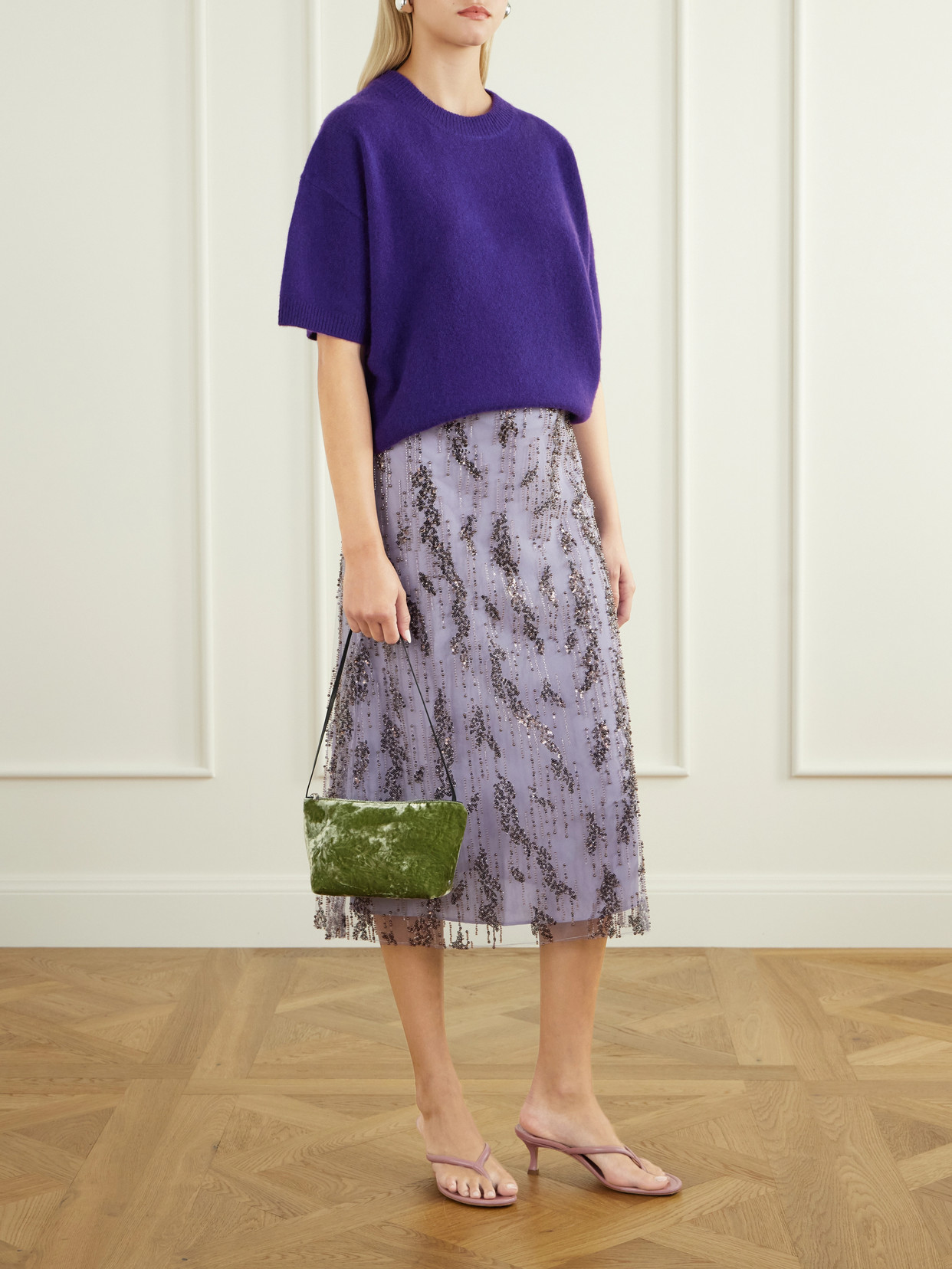 Corset Leather-Trimmed Crushed-Velvet Shoulder Bag