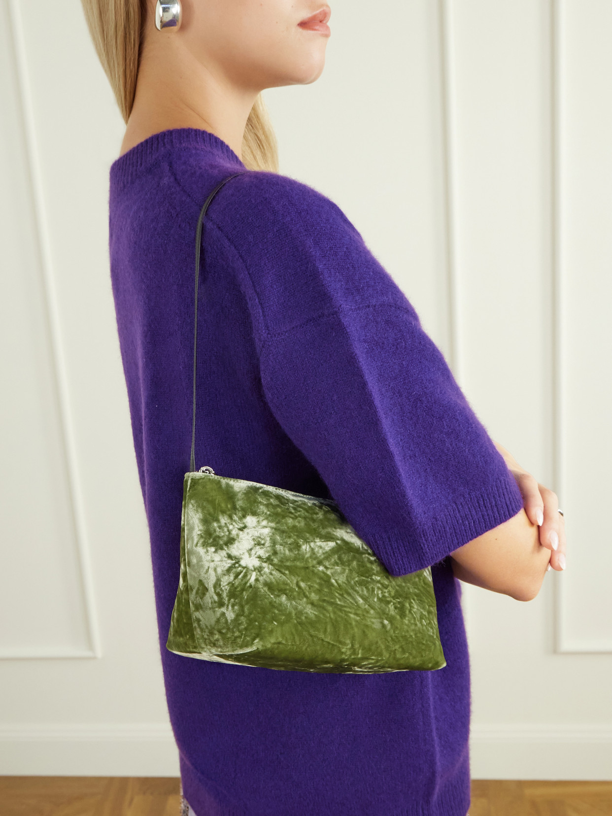 Corset Leather-Trimmed Crushed-Velvet Shoulder Bag