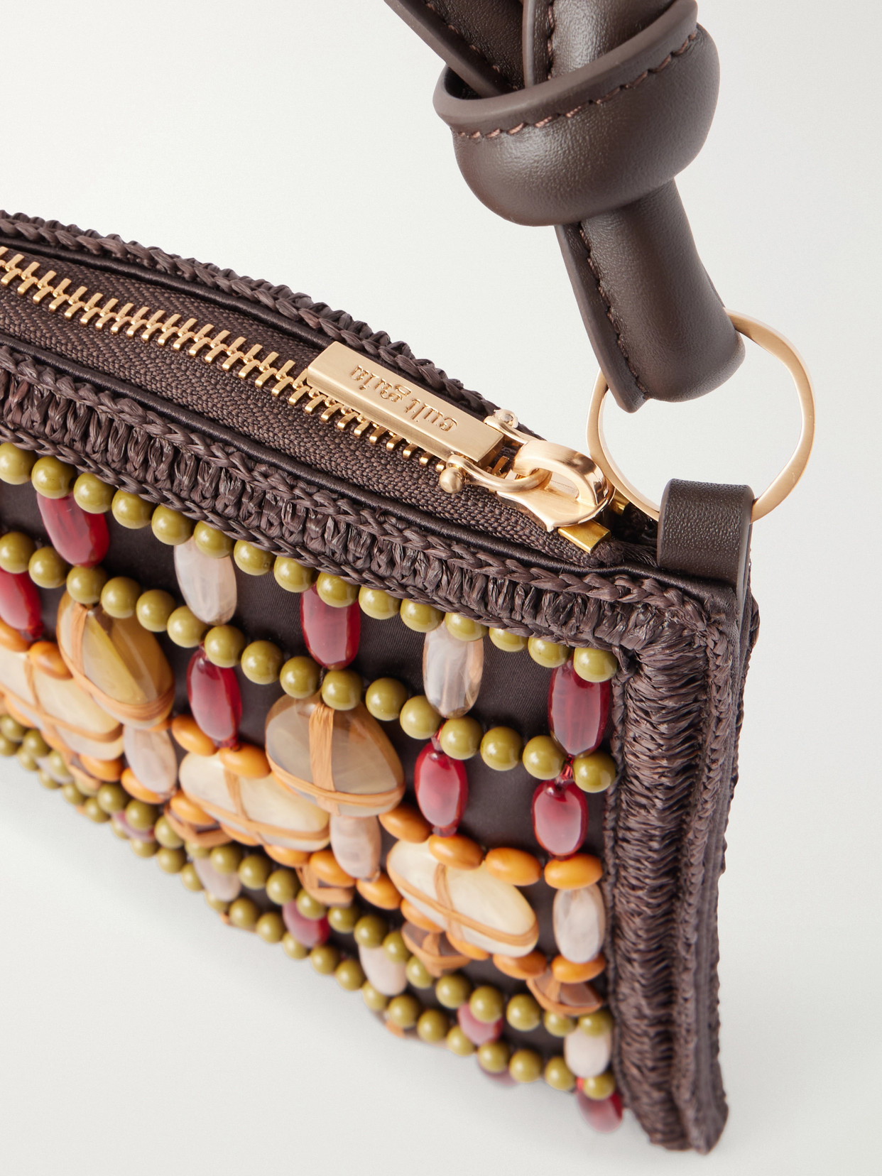 Hera Bead-Embellished Leather And Raffia-Trimmed Shoulder Bag