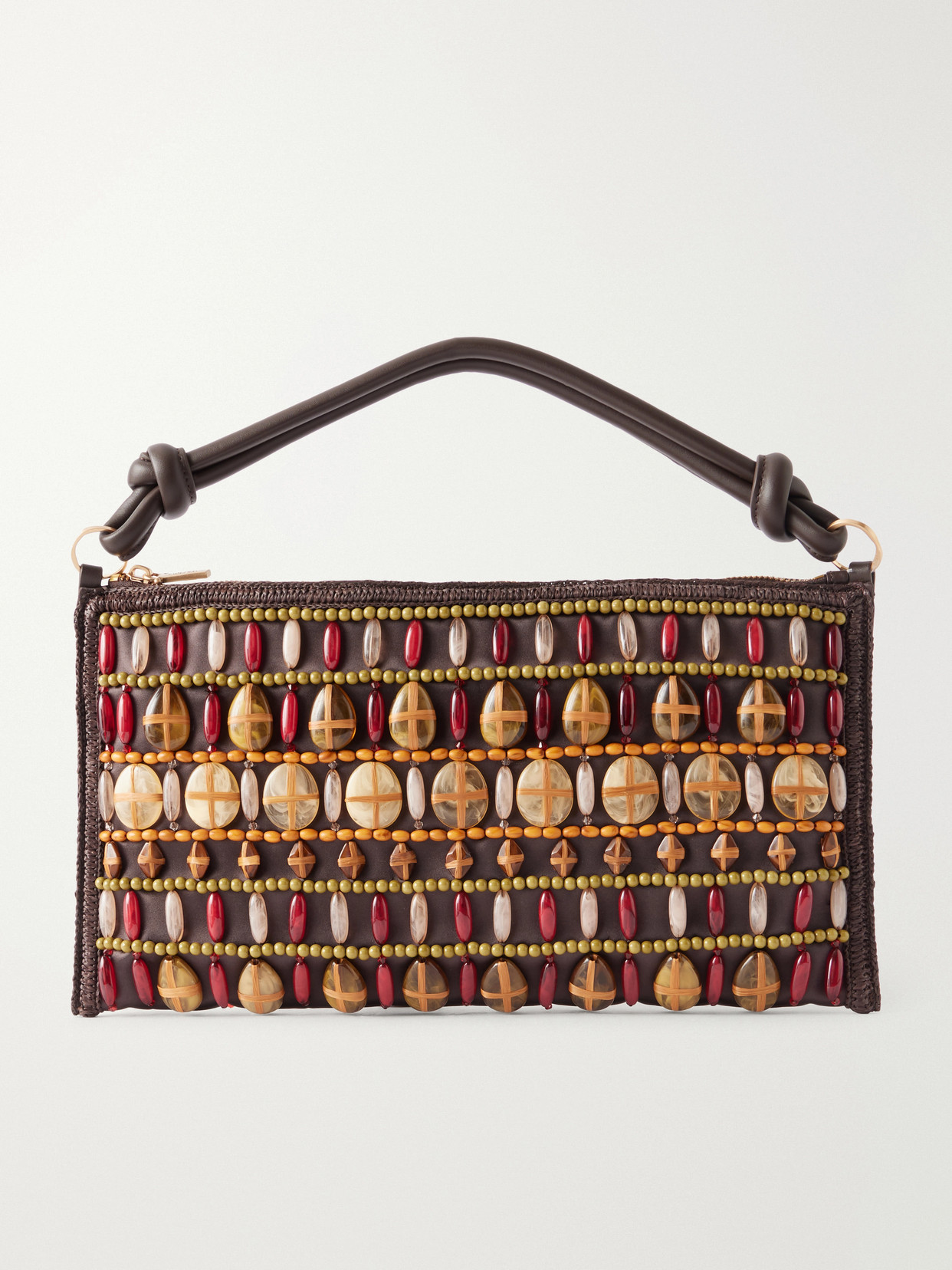 Hera Bead-Embellished Leather And Raffia-Trimmed Shoulder Bag
