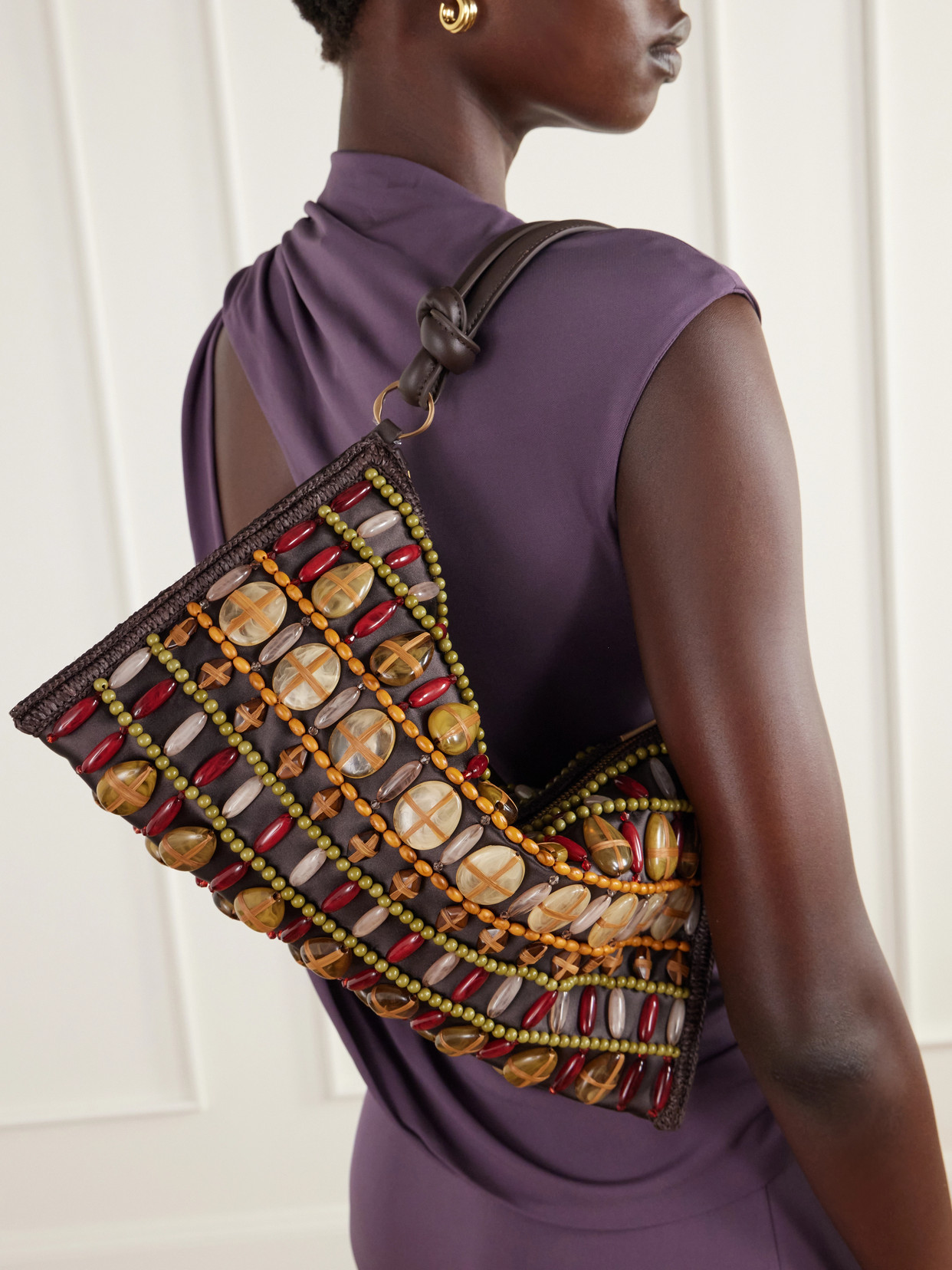 Hera Bead-Embellished Leather And Raffia-Trimmed Shoulder Bag