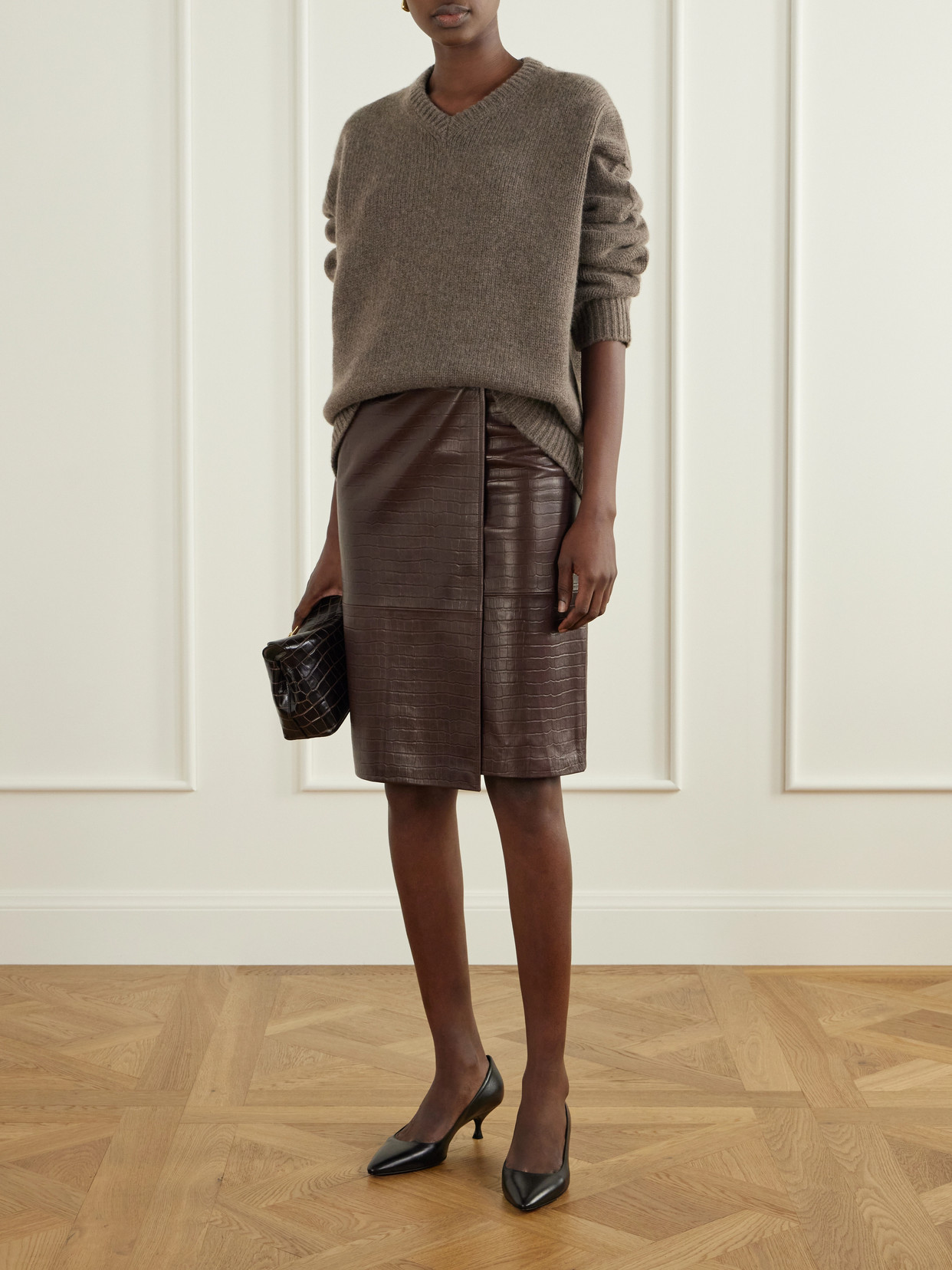 Origami Croc-Effect Leather Midi Wrap Skirt