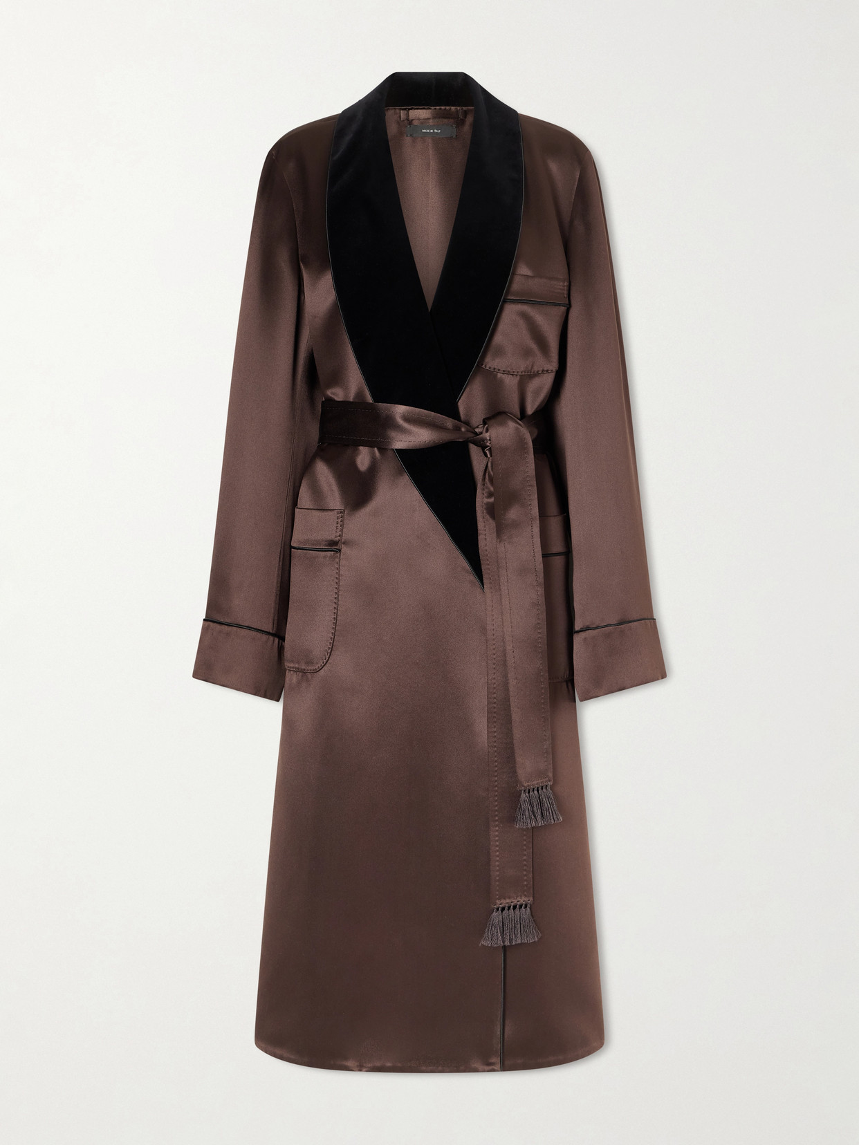 Belted Velvet-Trimmed Silk-Satin Coat