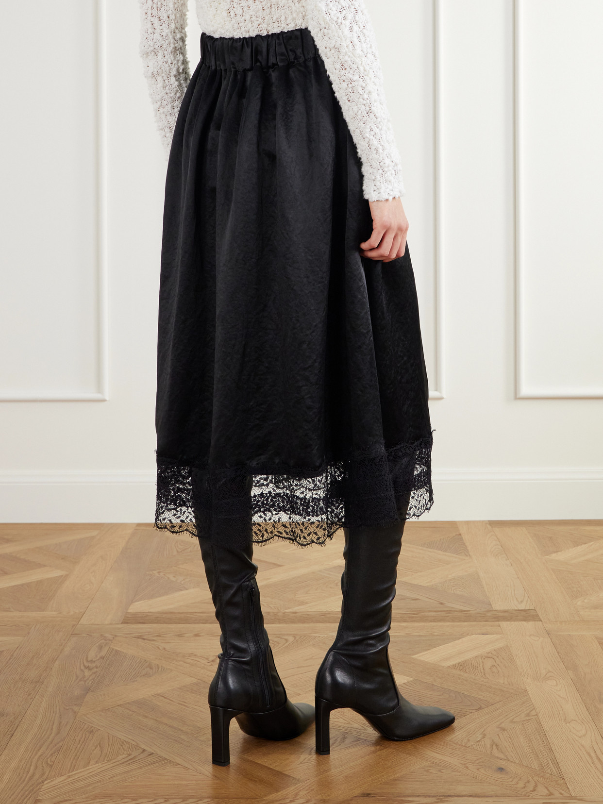 Gathered Lace-Trimmed Crinkled Midi