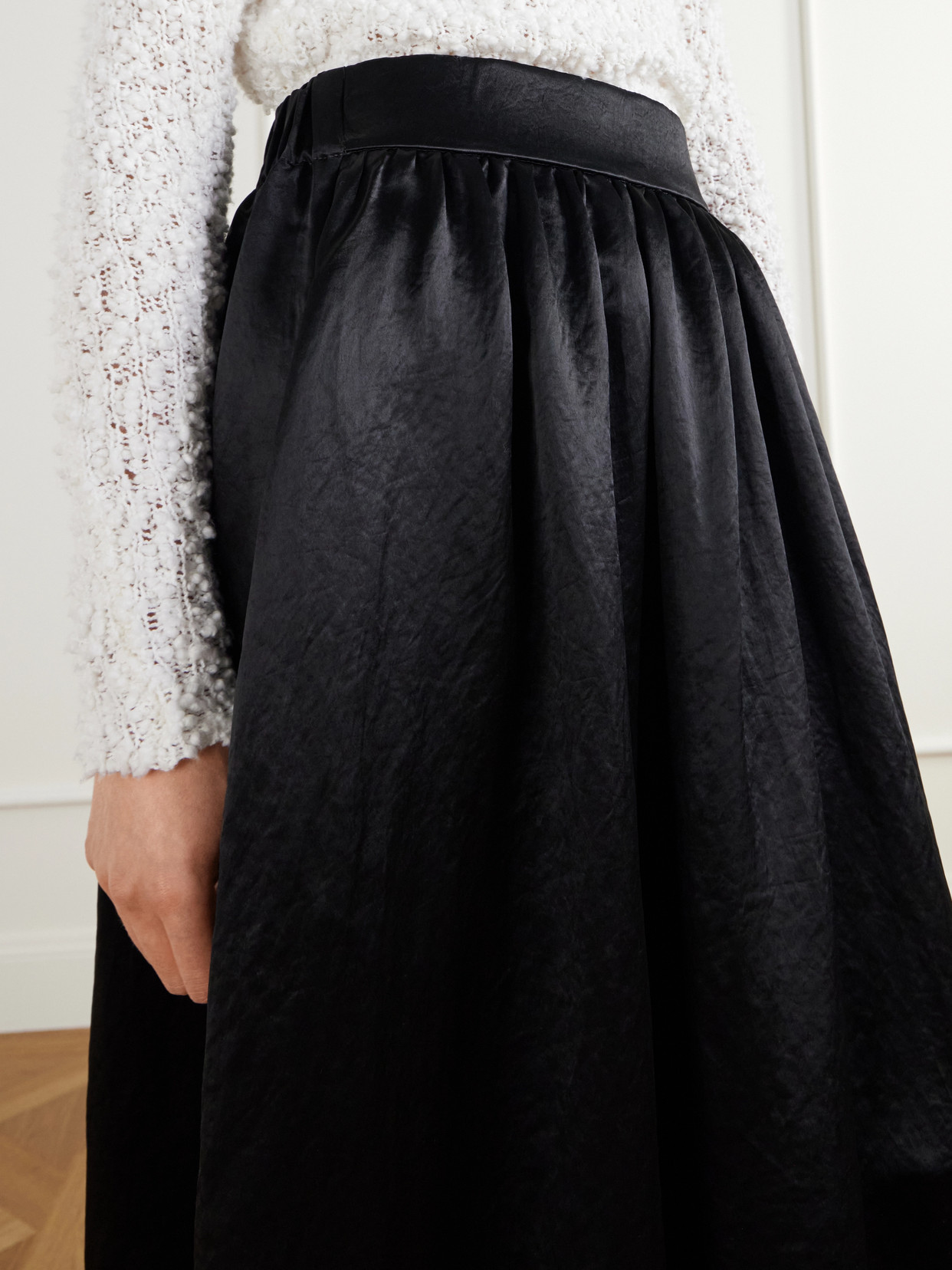 Gathered Lace-Trimmed Crinkled Midi