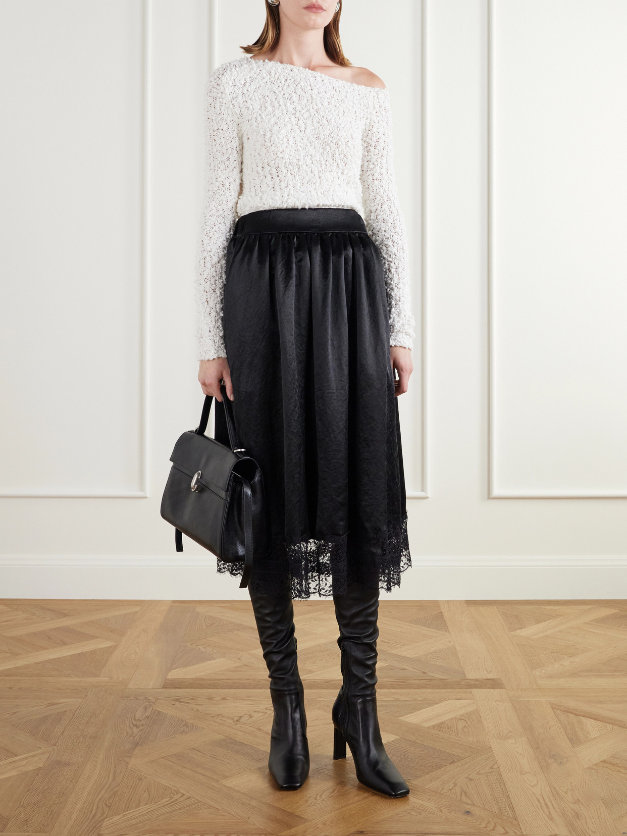 Gathered Lace-Trimmed Crinkled Midi