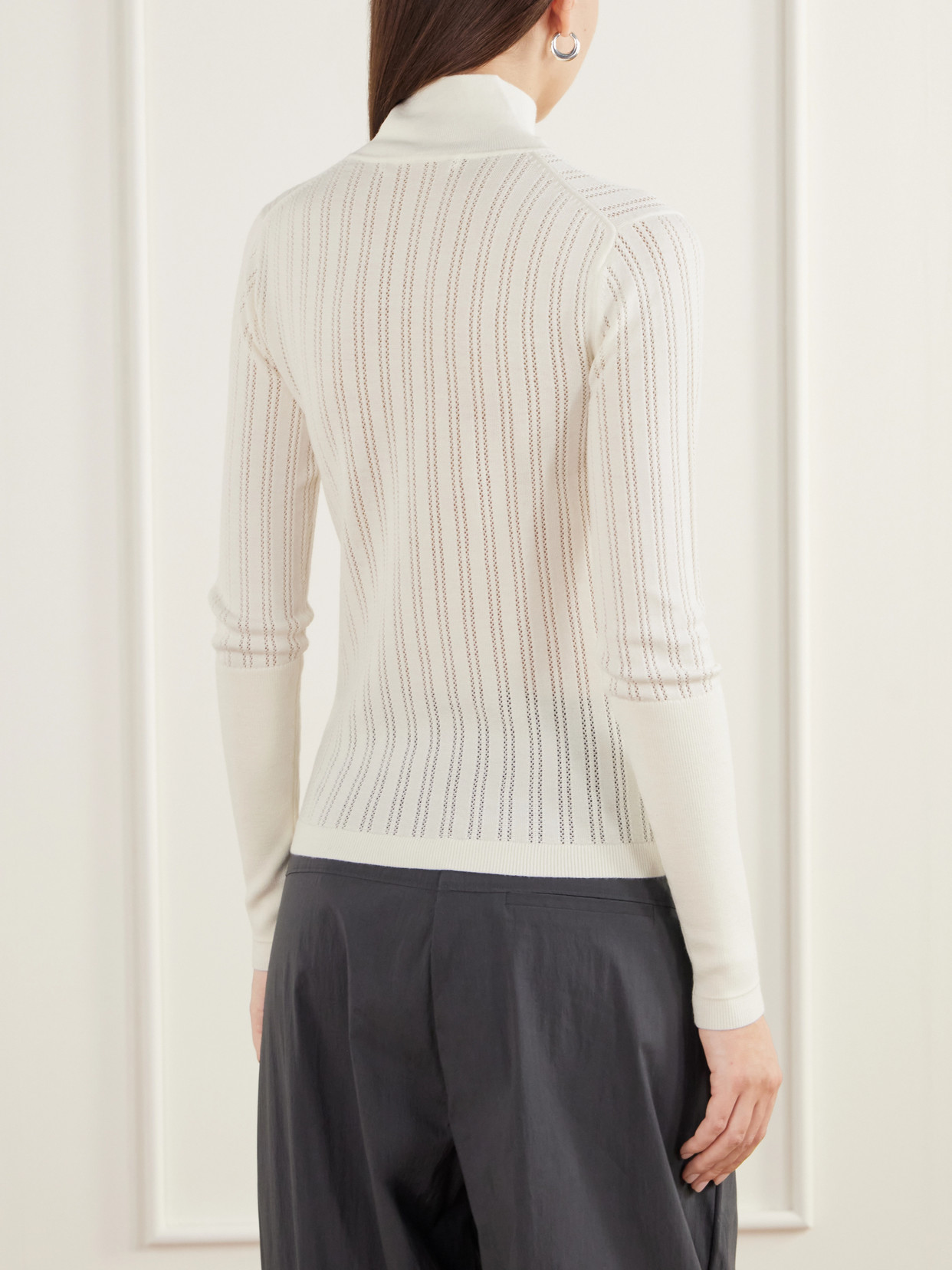 Pointelle-Knit Merino Wool Mock-Neck Top