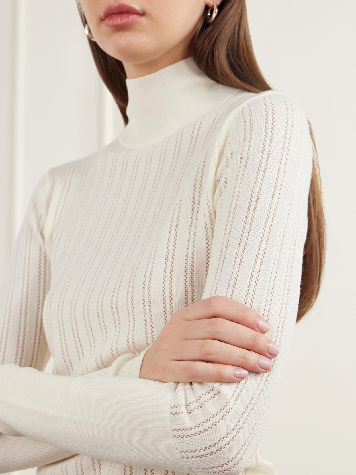 Pointelle-Knit Merino Wool Mock-Neck Top