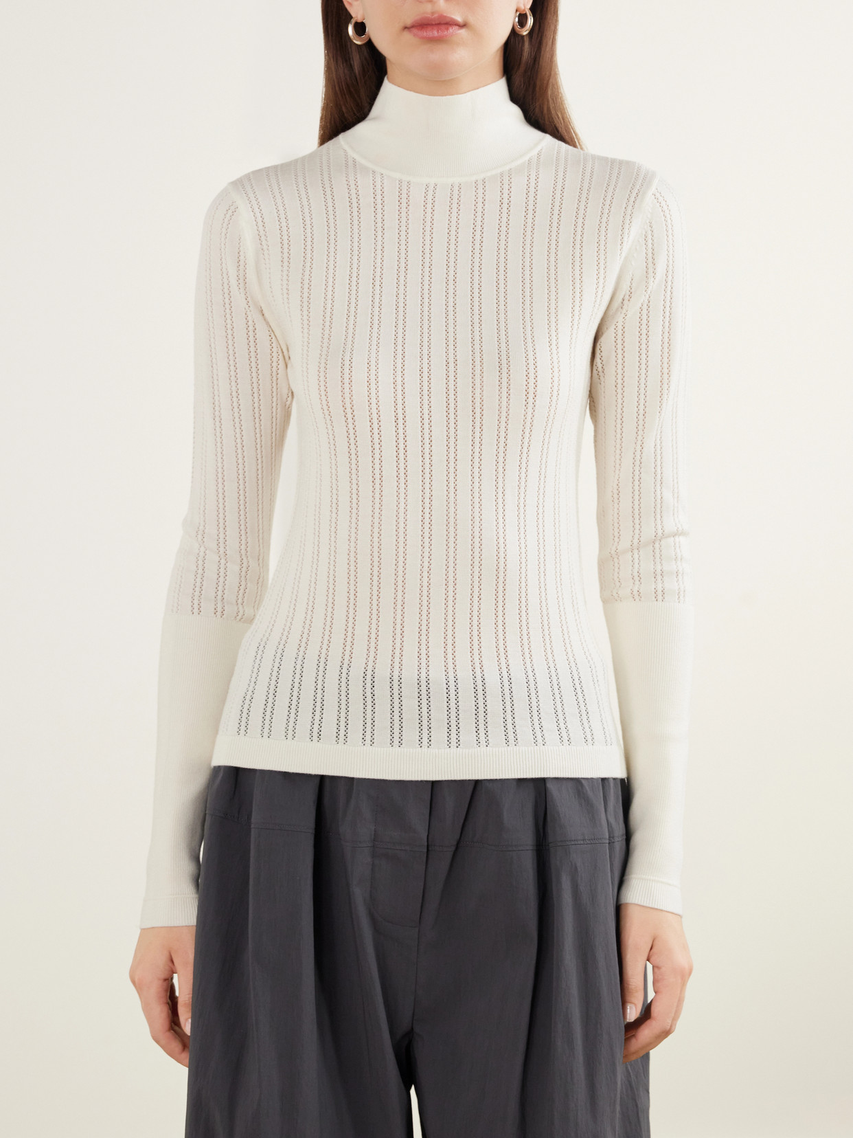 Pointelle-Knit Merino Wool Mock-Neck Top