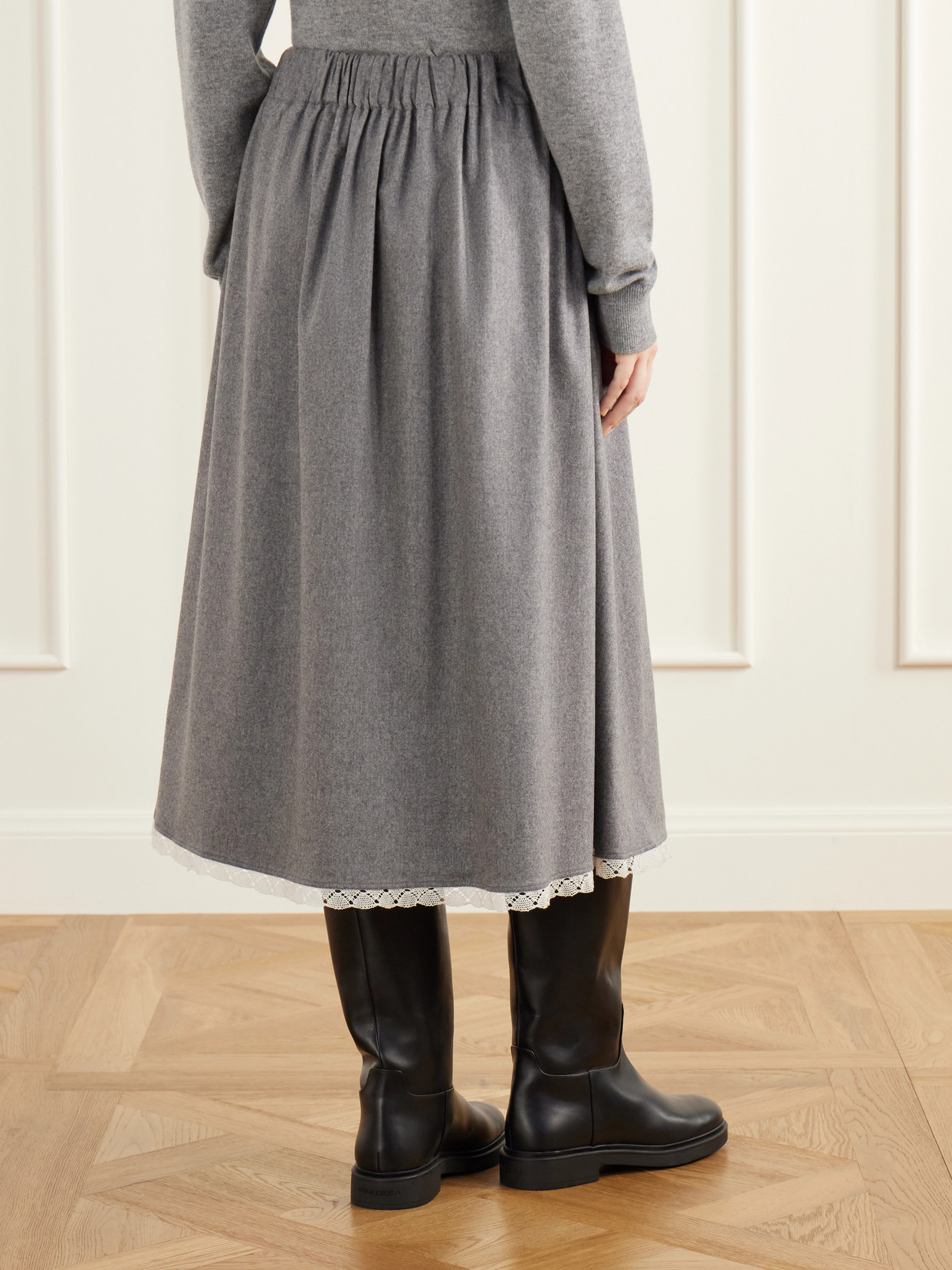 Gathered Lace-Trimmed Wool-Blend Flannel Midi