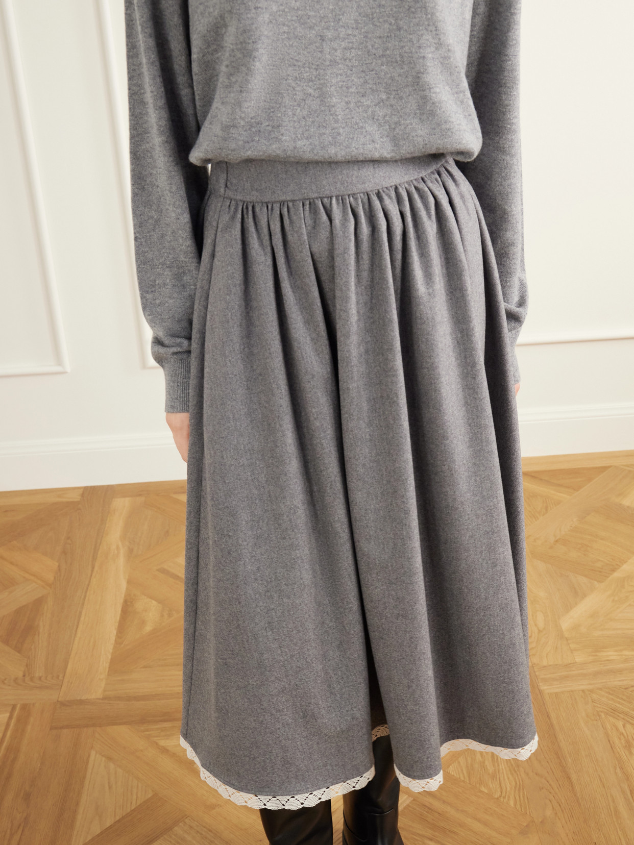 Gathered Lace-Trimmed Wool-Blend Flannel Midi