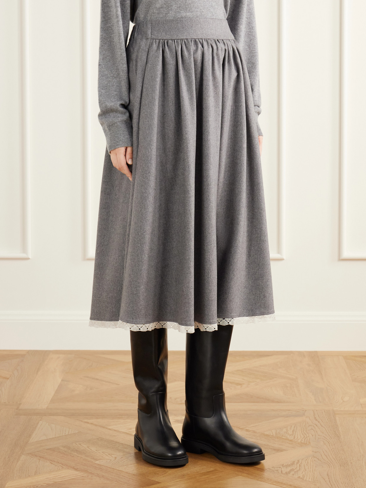 Gathered Lace-Trimmed Wool-Blend Flannel Midi