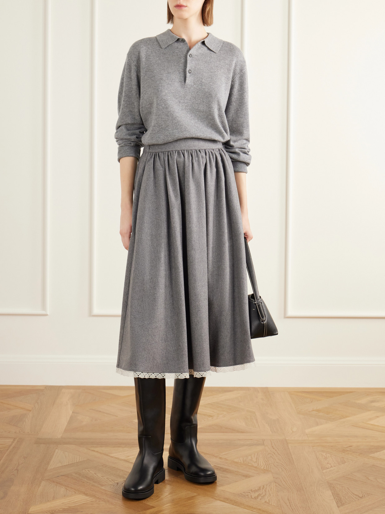 Gathered Lace-Trimmed Wool-Blend Flannel Midi