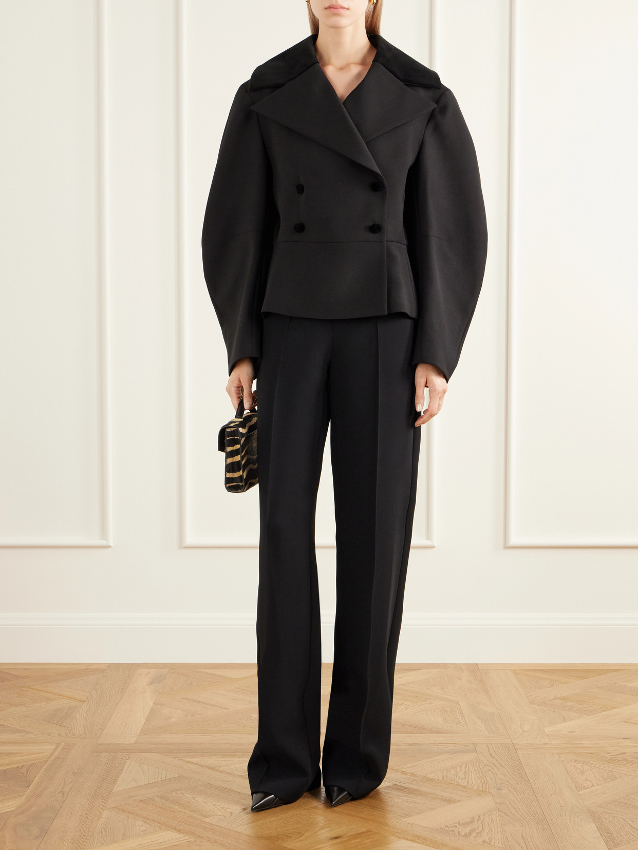 Jiani Double-Breatsted Velvet-Trimmed Wool-Crepe Jacket