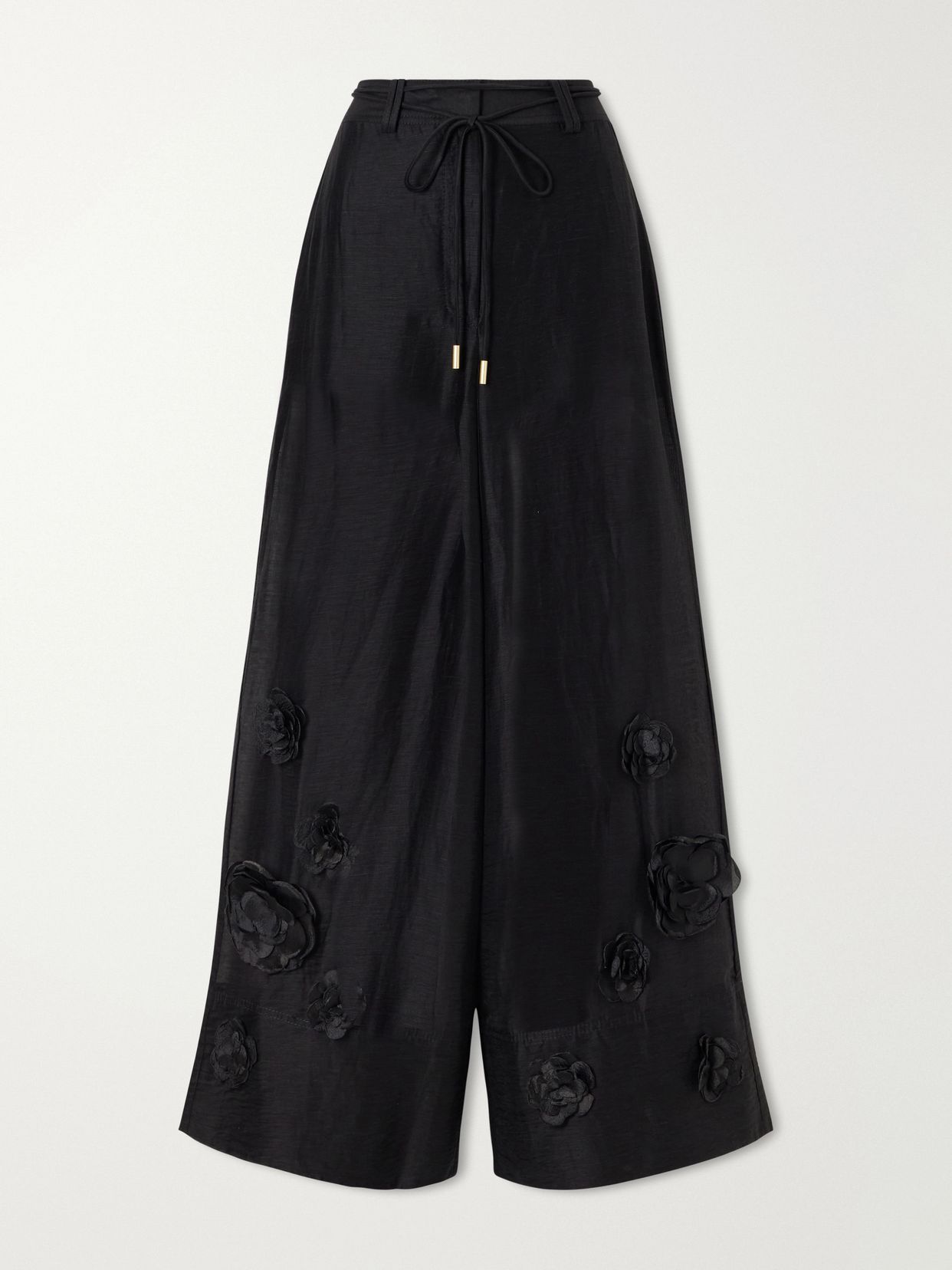 cloudscape flower applique lyocell and linen blend mid rise wide leg pants