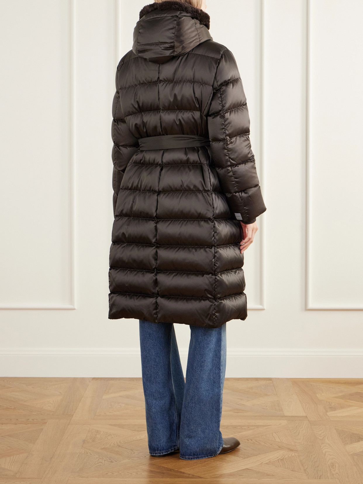 Medusa Hooded Belted Quilted Plush-Trimmed Down Coat