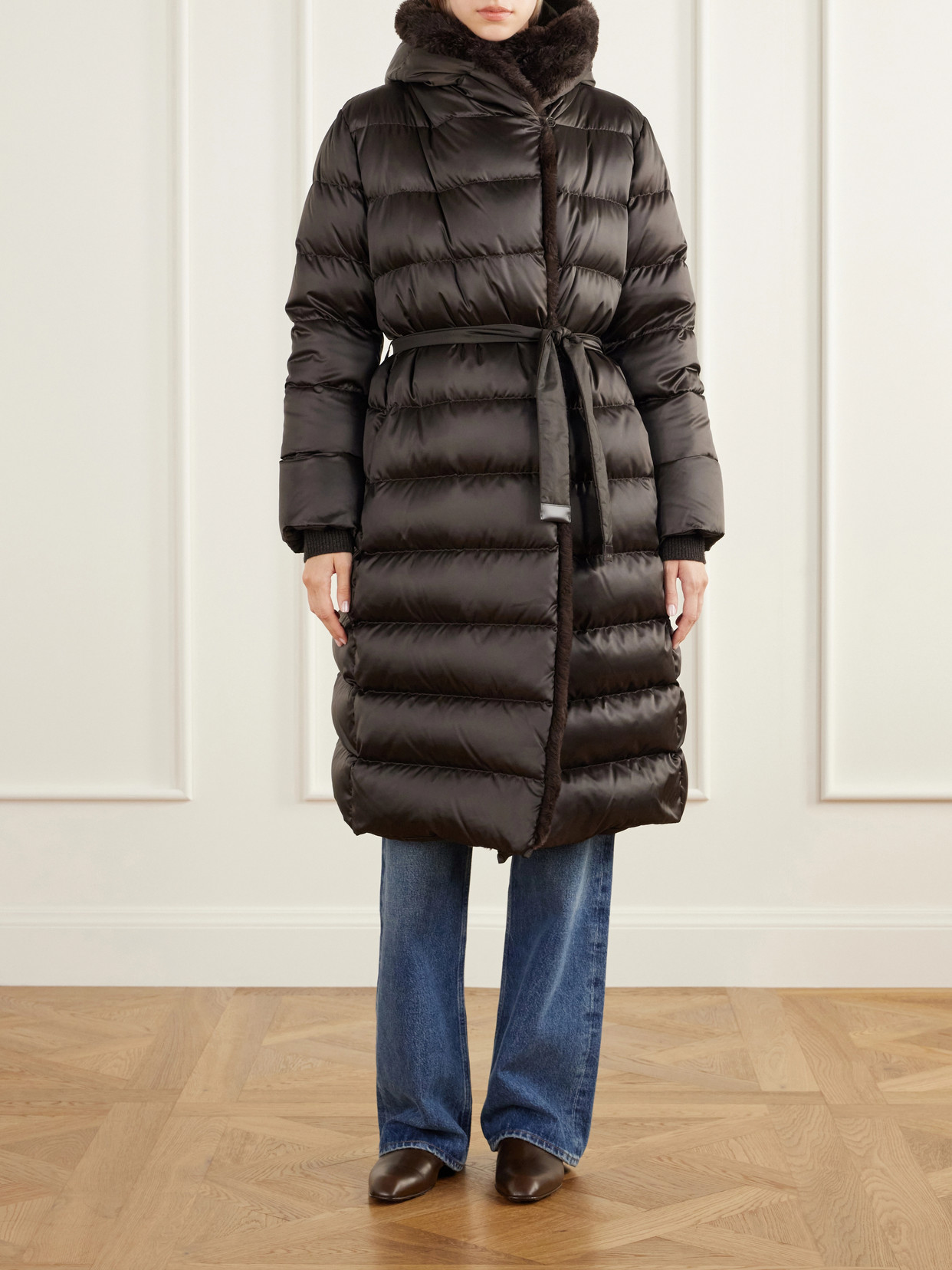Medusa Hooded Belted Quilted Plush-Trimmed Down Coat