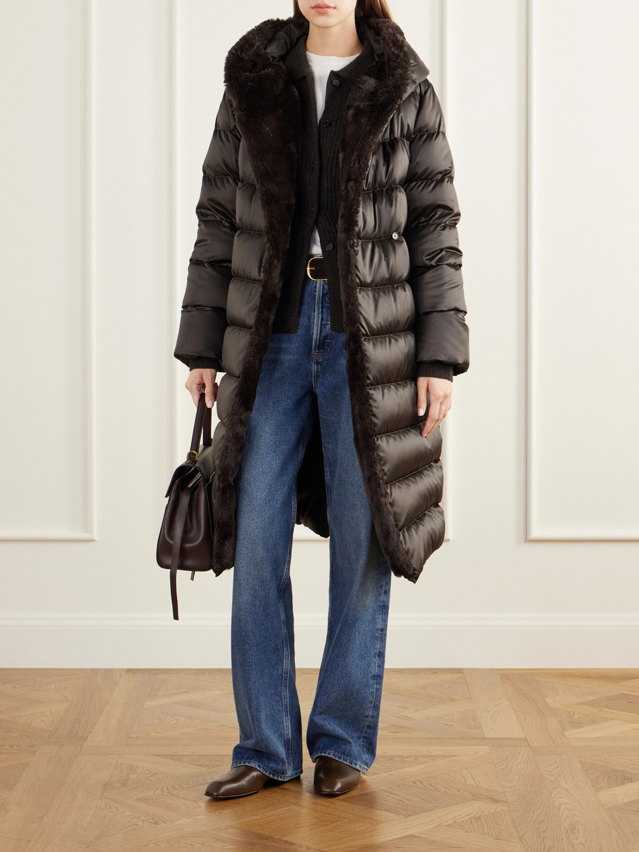 Medusa Hooded Belted Quilted Plush-Trimmed Down Coat