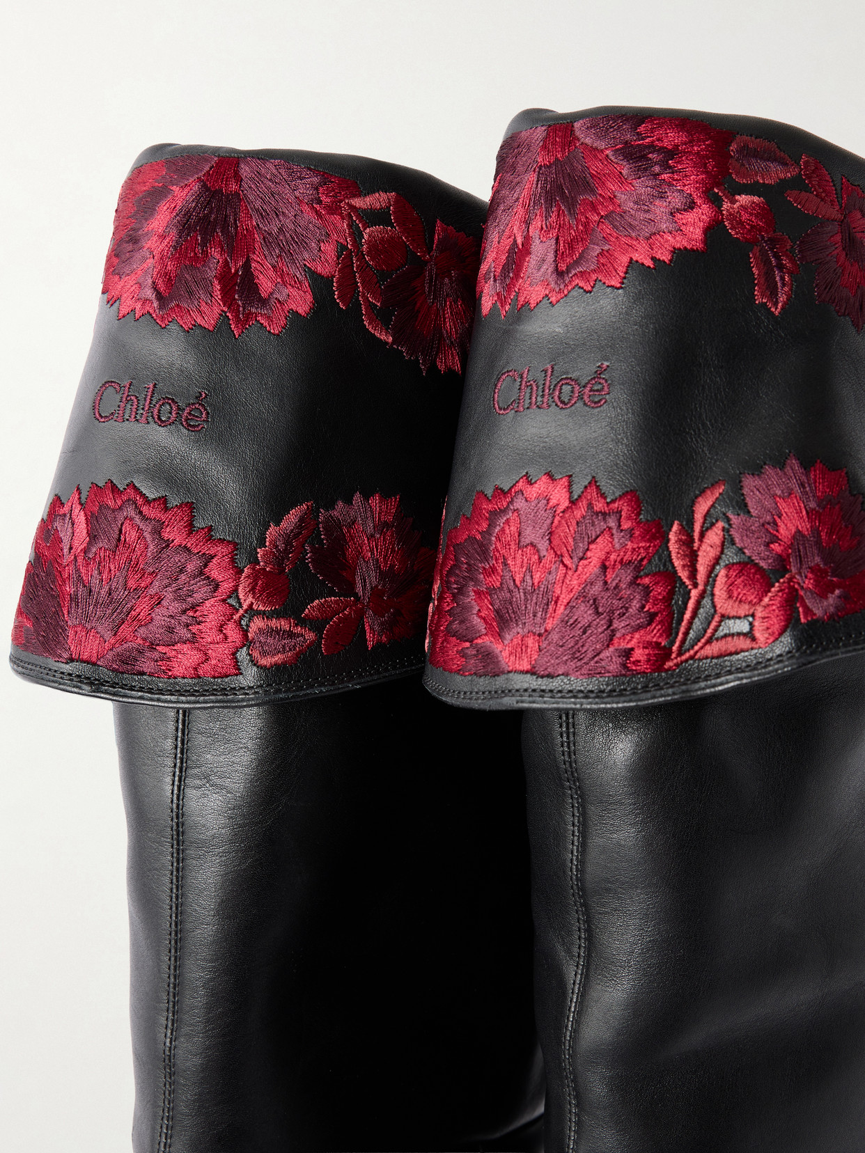 Chloé - Azelan Floral-Embroidered Leather Over-The-Knee Boots