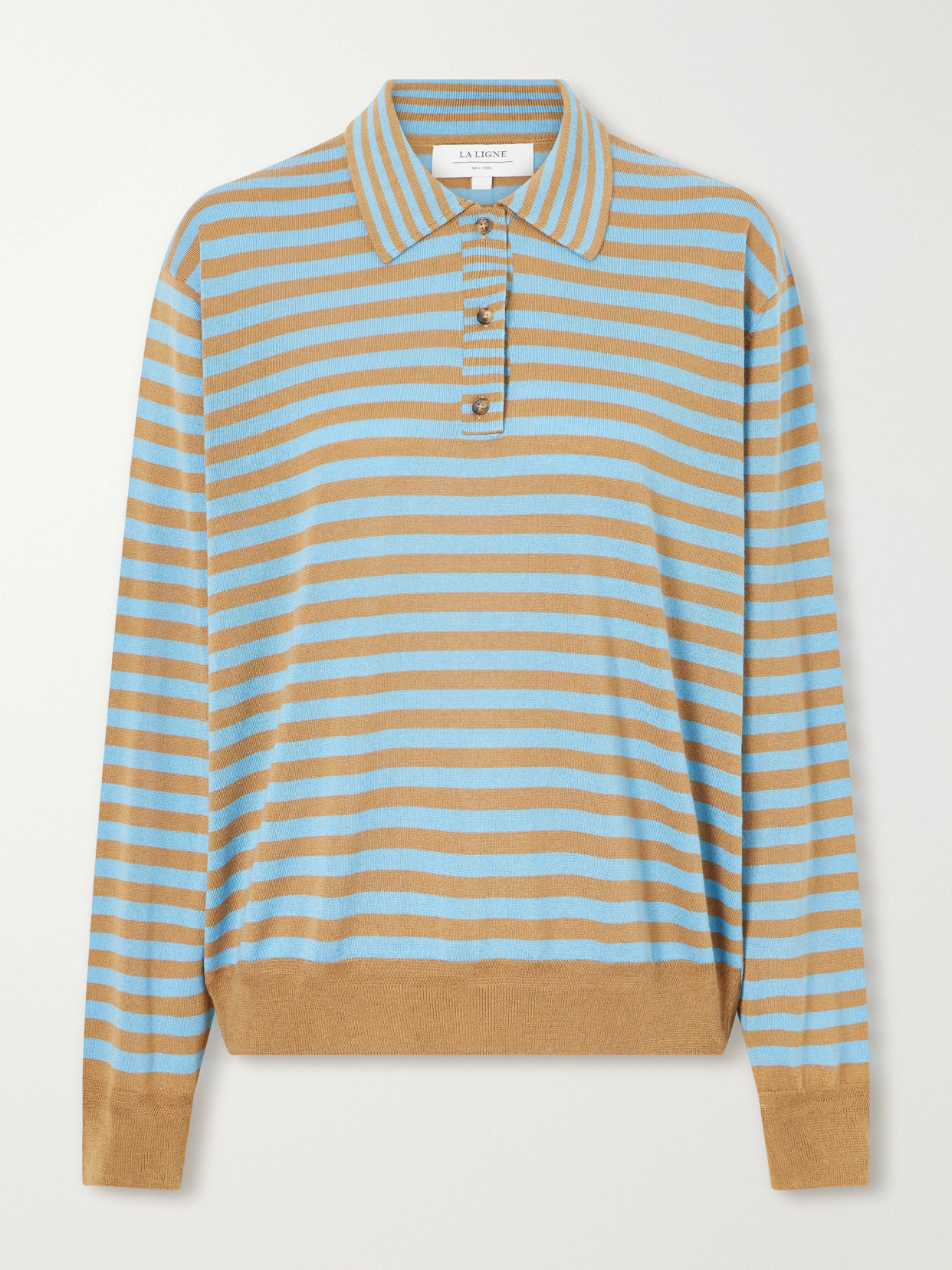 La Ligne Ben Striped Silk, Wool And Cashmere-blend Polo Sweater In Blue