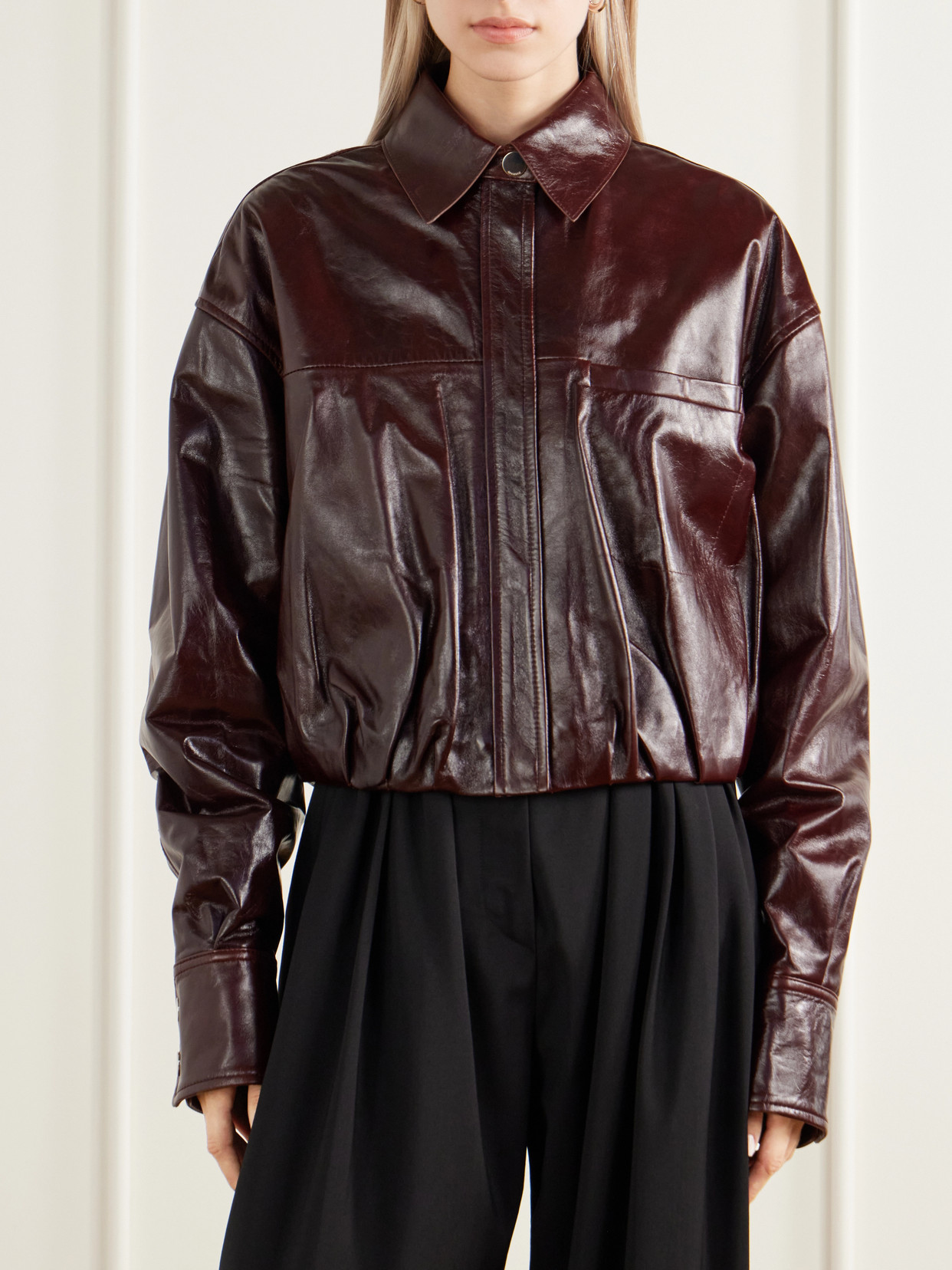 Liuti Cropped Gathered Leather Biker Jacket