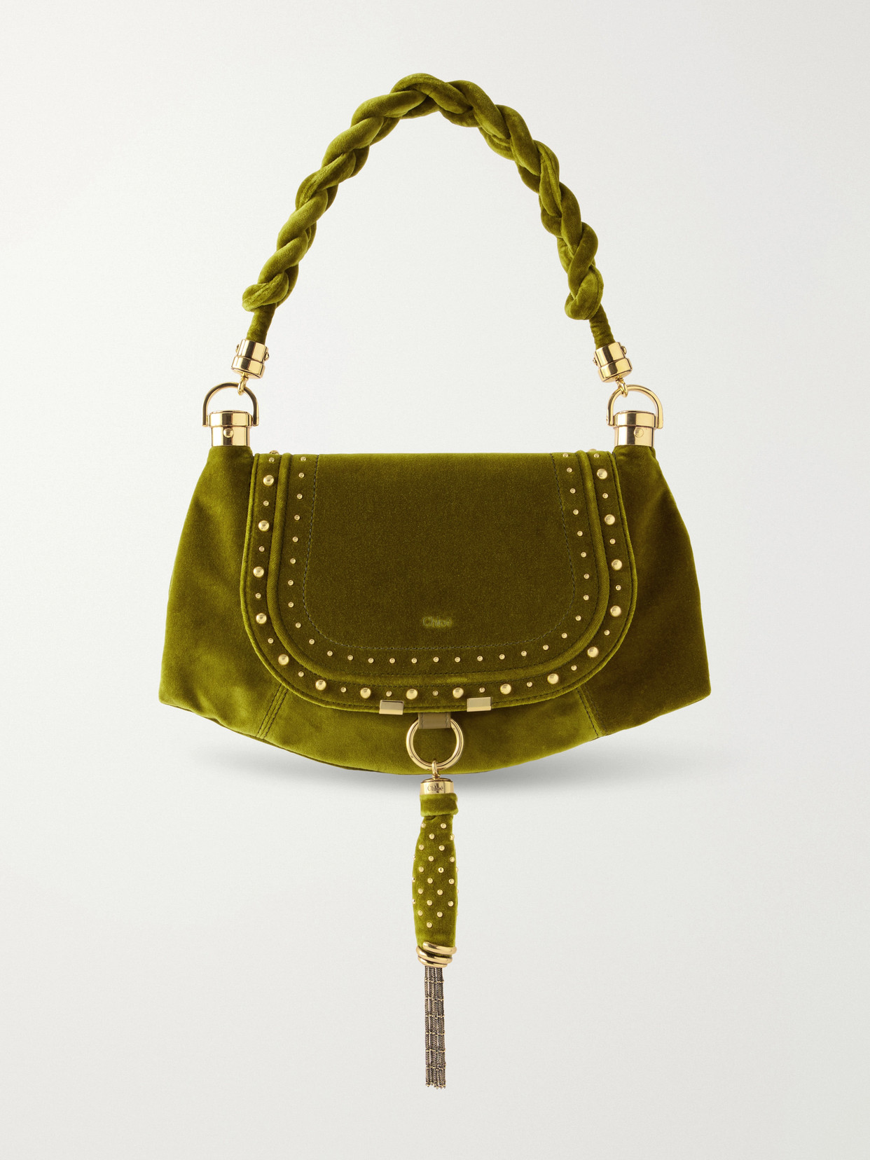 Chloé - Marcie Foulard Studded Tasseled Velvet Shoulder Bag