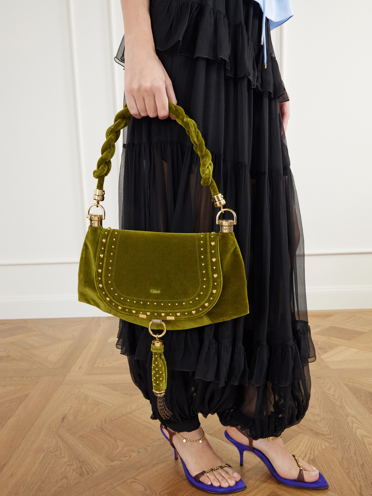 Chloé - Marcie Foulard Studded Tasseled Velvet Shoulder Bag