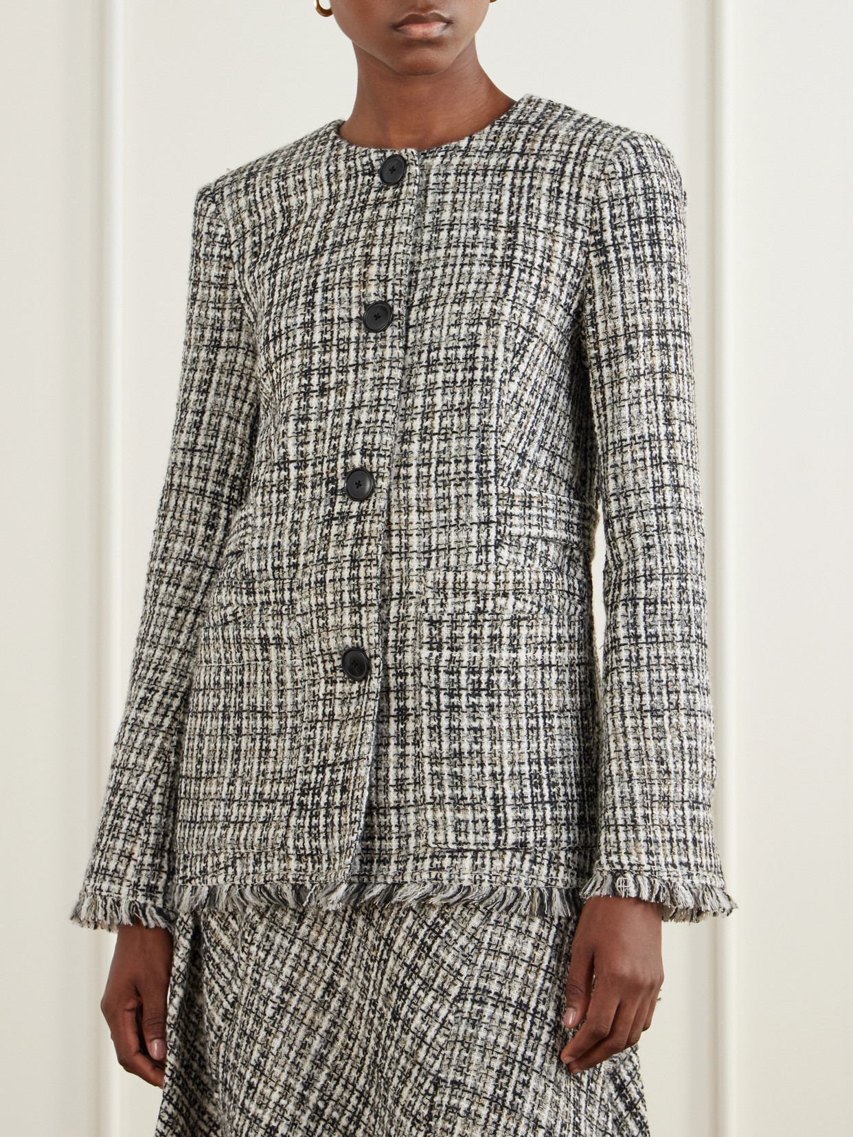 White Label - Aurelia Fringed Checked Tweed Jacket