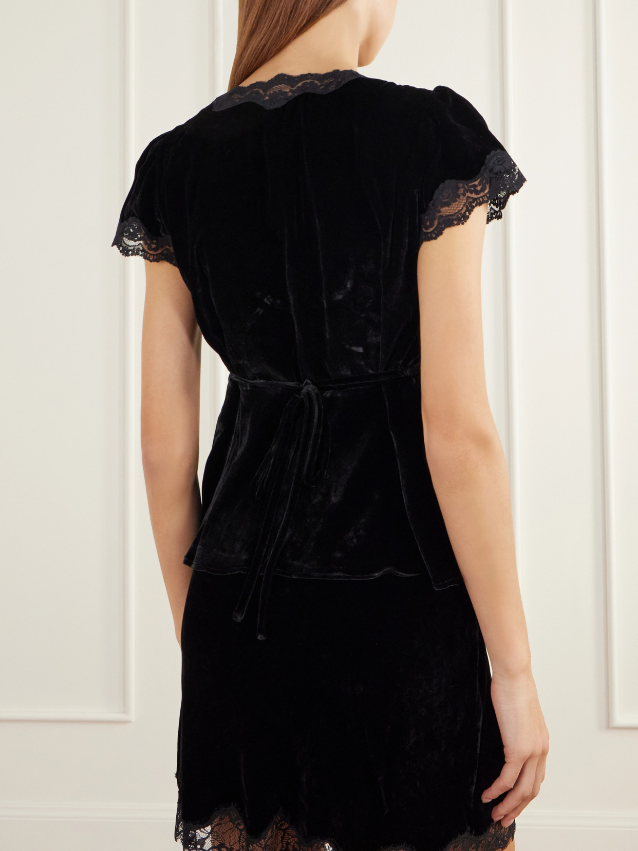 Karia Floral-Appliquéd Gathered Lace-Trimmed Velvet Blouse