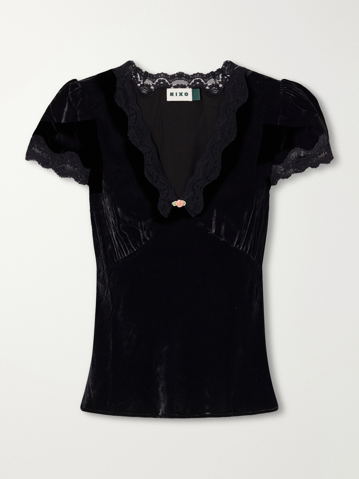 Karia Floral-Appliquéd Gathered Lace-Trimmed Velvet Blouse