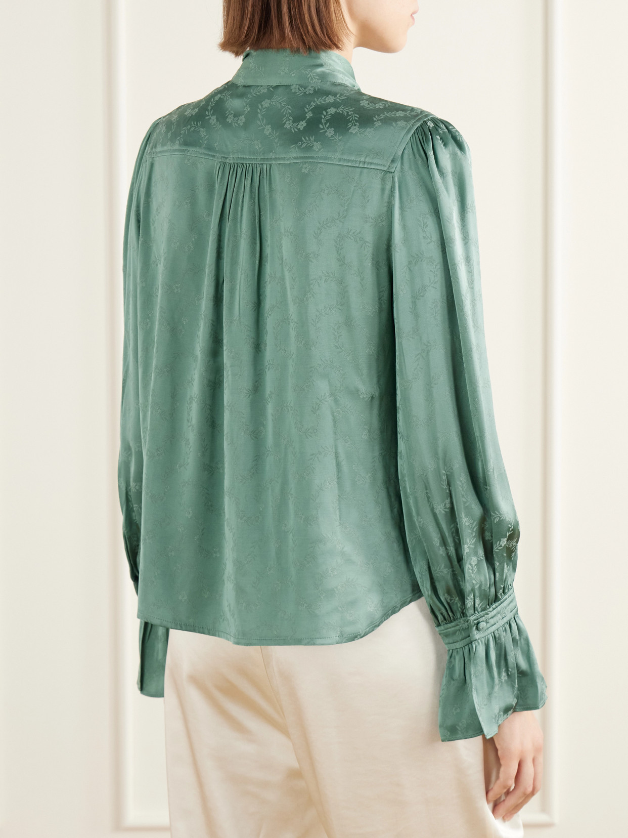 Evanora Pussy-Bow Gathered Floral-Jacquard Blouse