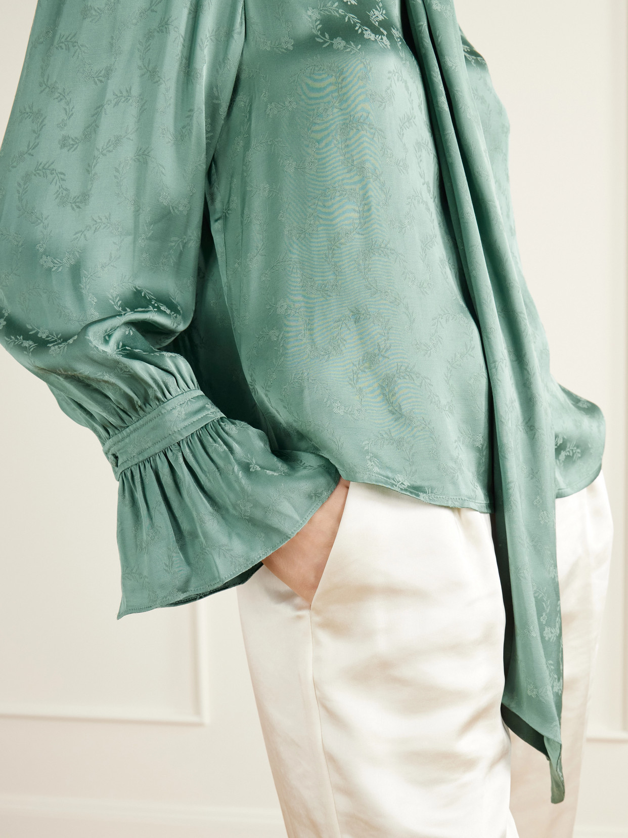 Evanora Pussy-Bow Gathered Floral-Jacquard Blouse