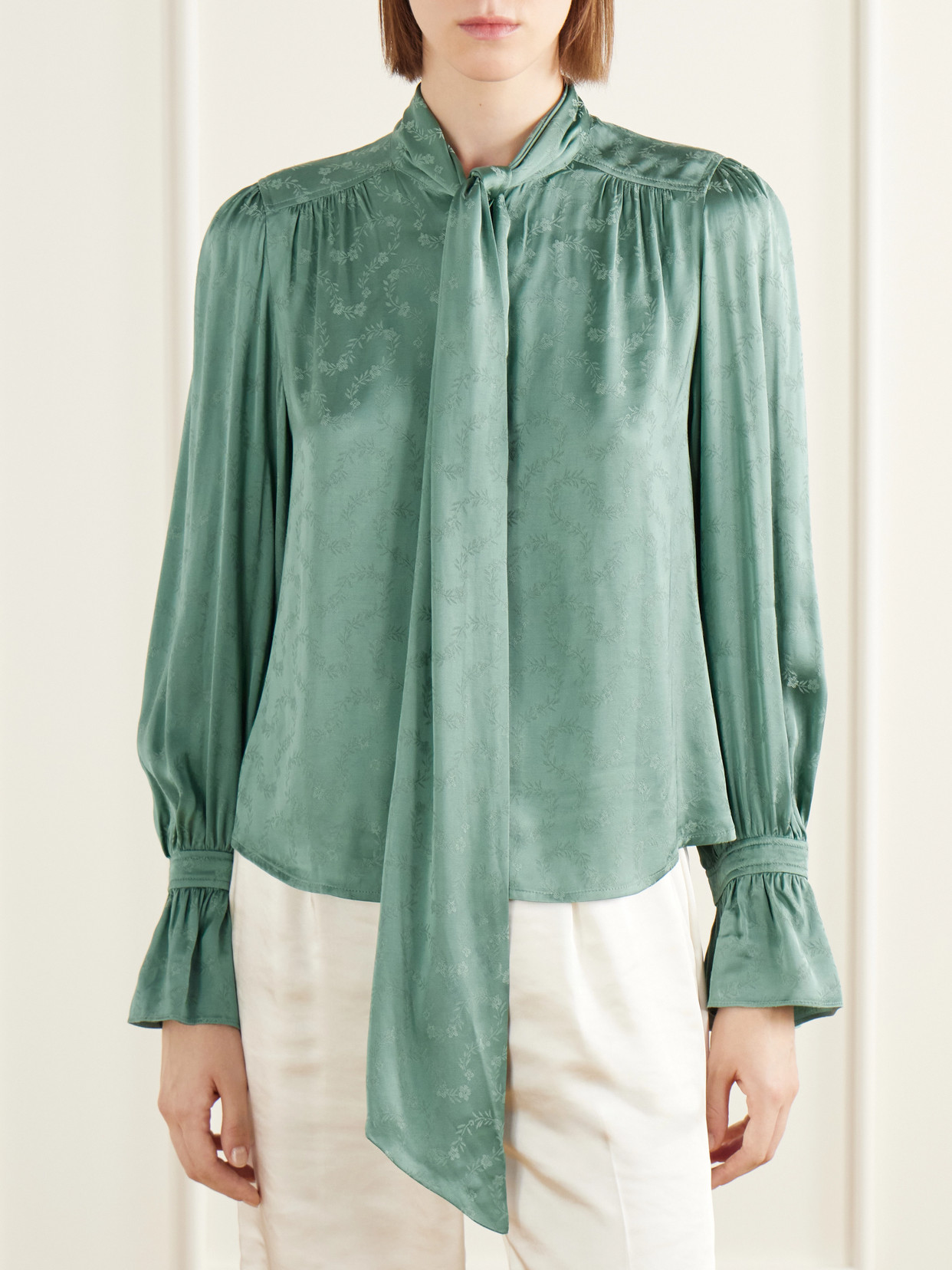 Evanora Pussy-Bow Gathered Floral-Jacquard Blouse