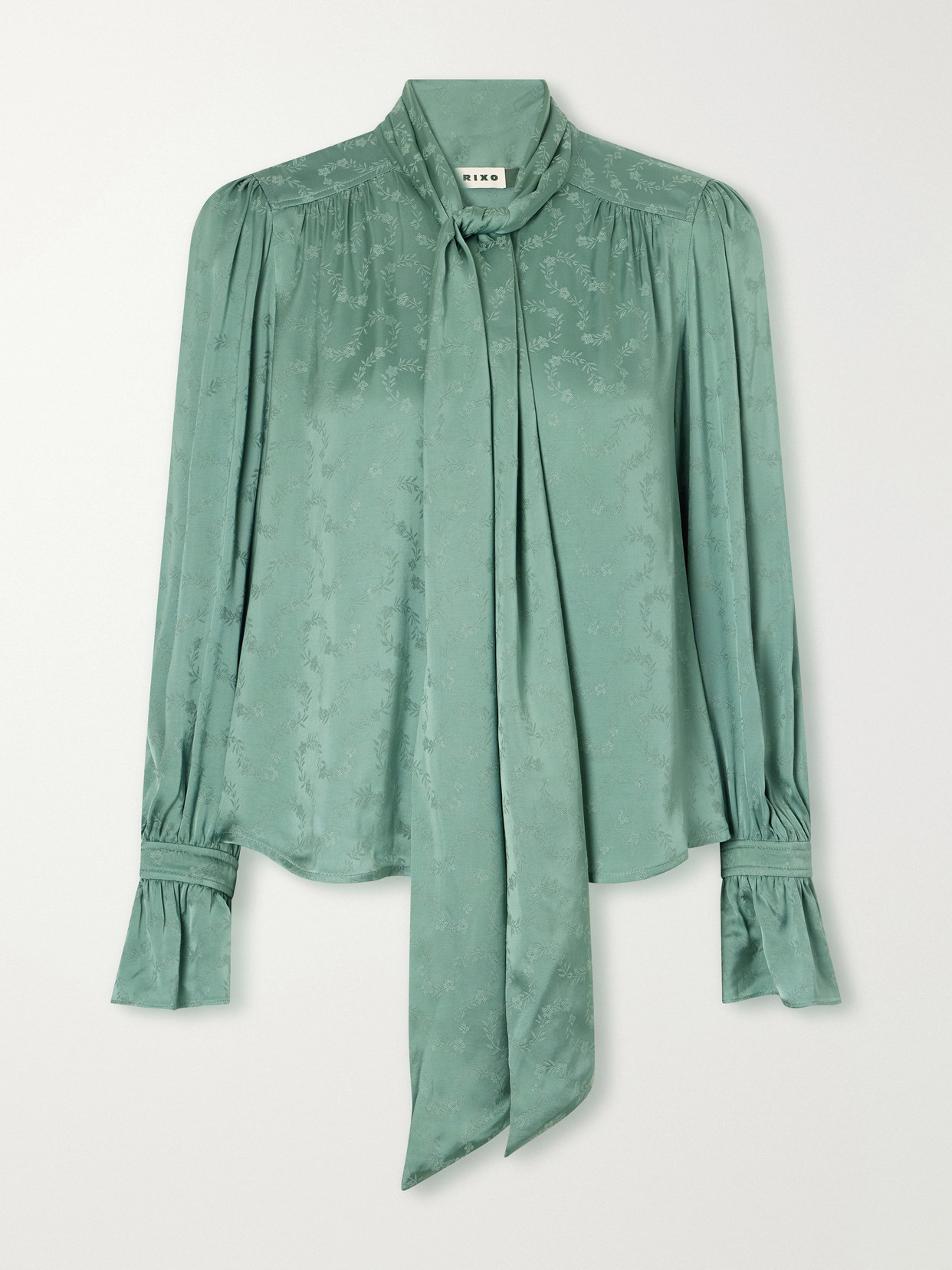 Rixo London Evanora Pussy-bow Gathered Floral-jacquard Satin Blouse In Green
