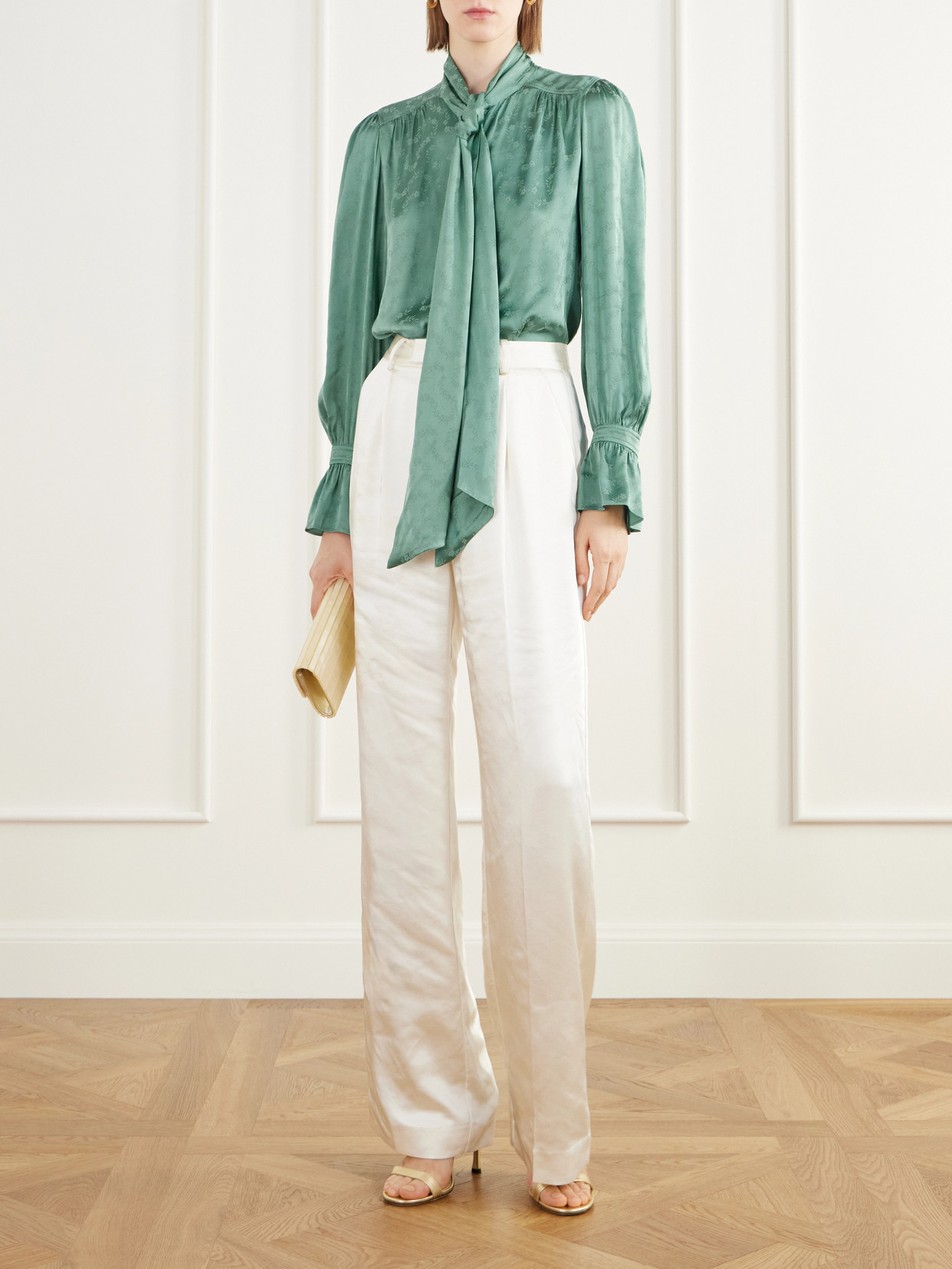 Evanora Pussy-Bow Gathered Floral-Jacquard Blouse